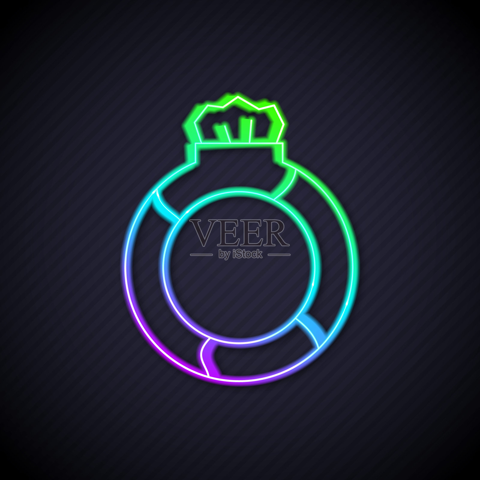 发光的霓虹线幻想魔法石戒指与宝石图标孤立的黑色背景。向量插画图片素材