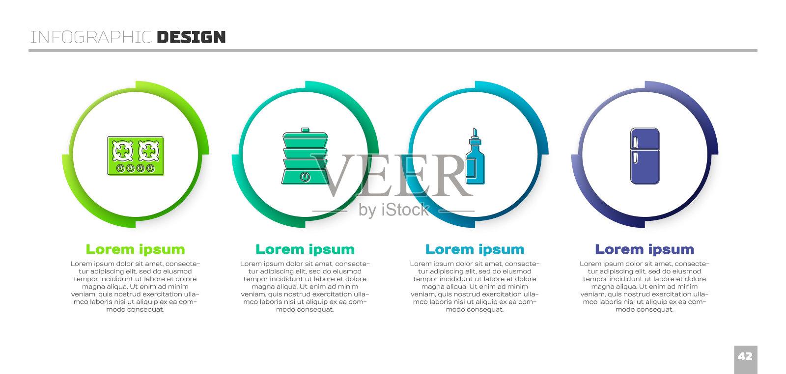 设置煤气炉，慢炖锅，一瓶橄榄油和冰箱。业务信息图表模板。向量设计模板素材