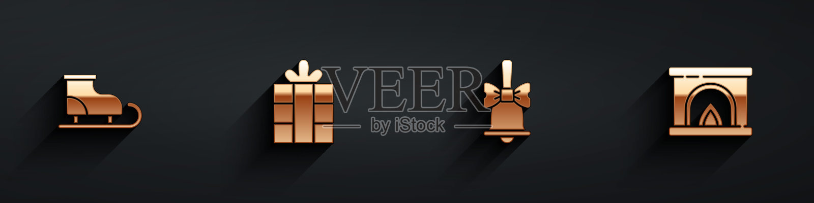 溜冰鞋、礼品盒、圣诞铃铛和室内壁炉图标与长长的阴影矢量图插画图片素材