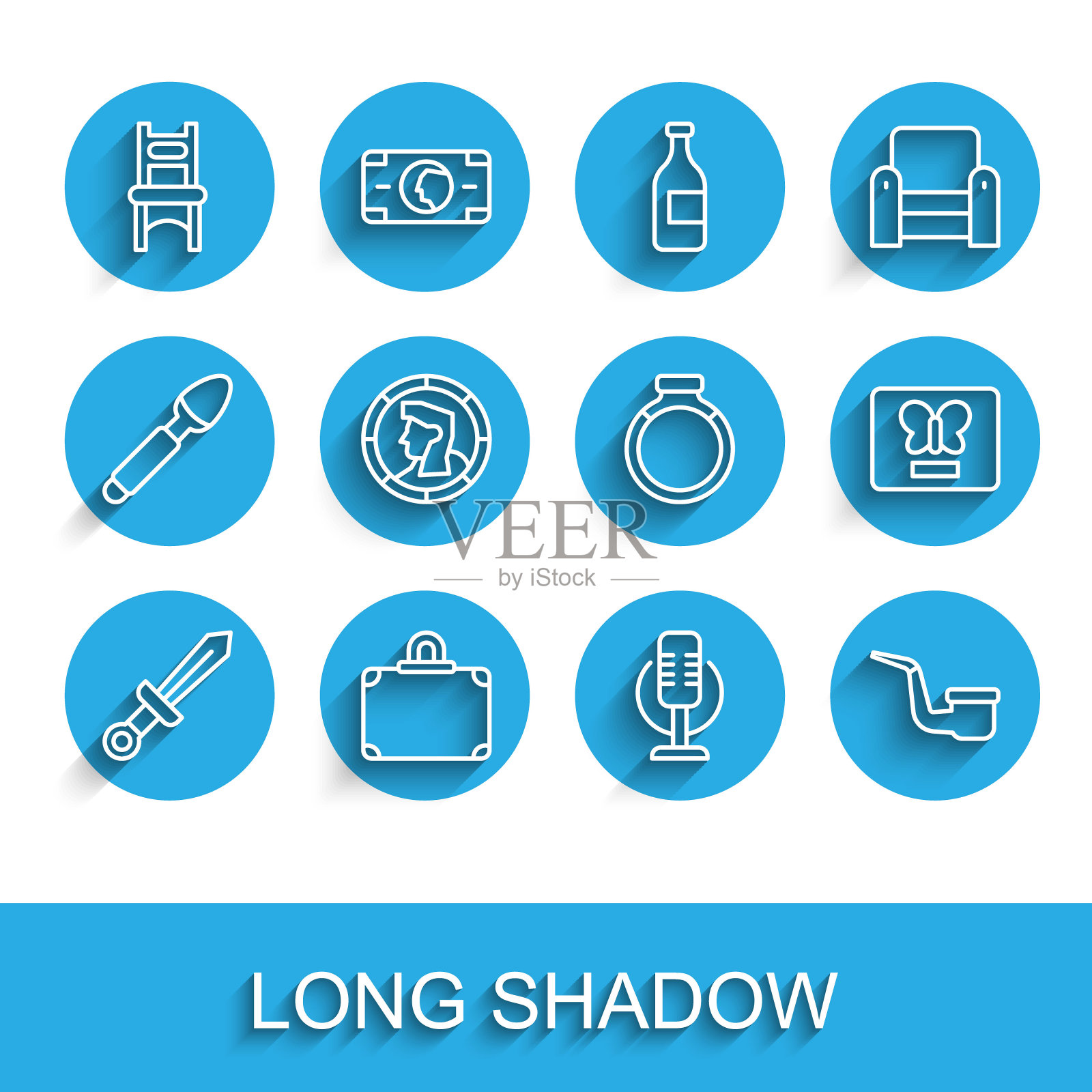 集线中世纪剑，手提箱，椅子，麦克风，吸烟管，古钱币，蝴蝶框架和金戒指图标。向量图标素材