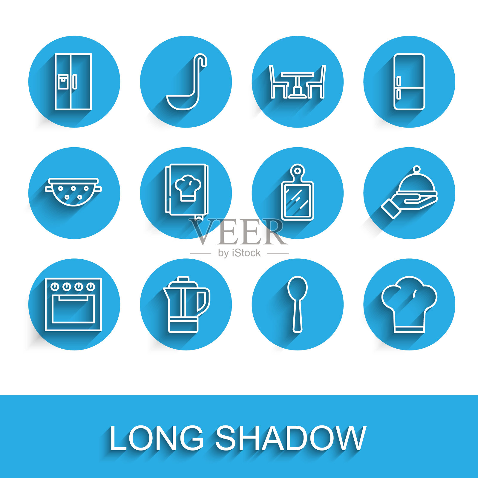 设置线烤箱，茶壶，冰箱，勺子，厨师帽，食谱，覆盖托盘和砧板图标。向量图标素材