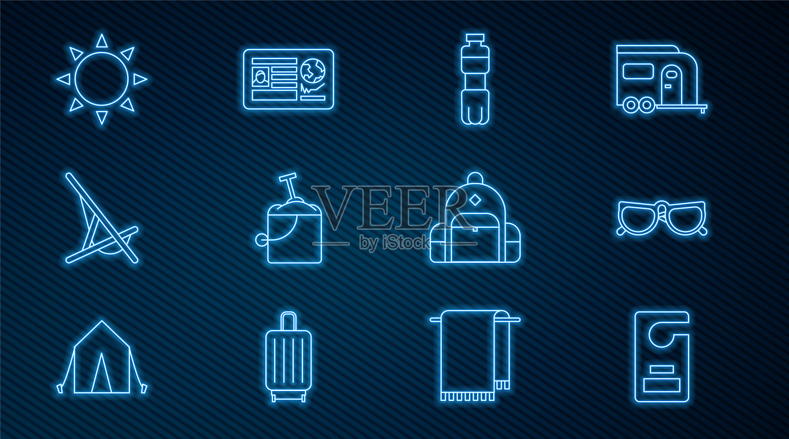 请不要打扰，眼镜，瓶装水，带铲子的桶里的沙子，日光浴床，徒步背包和护照签证盖章图标。向量图标素材