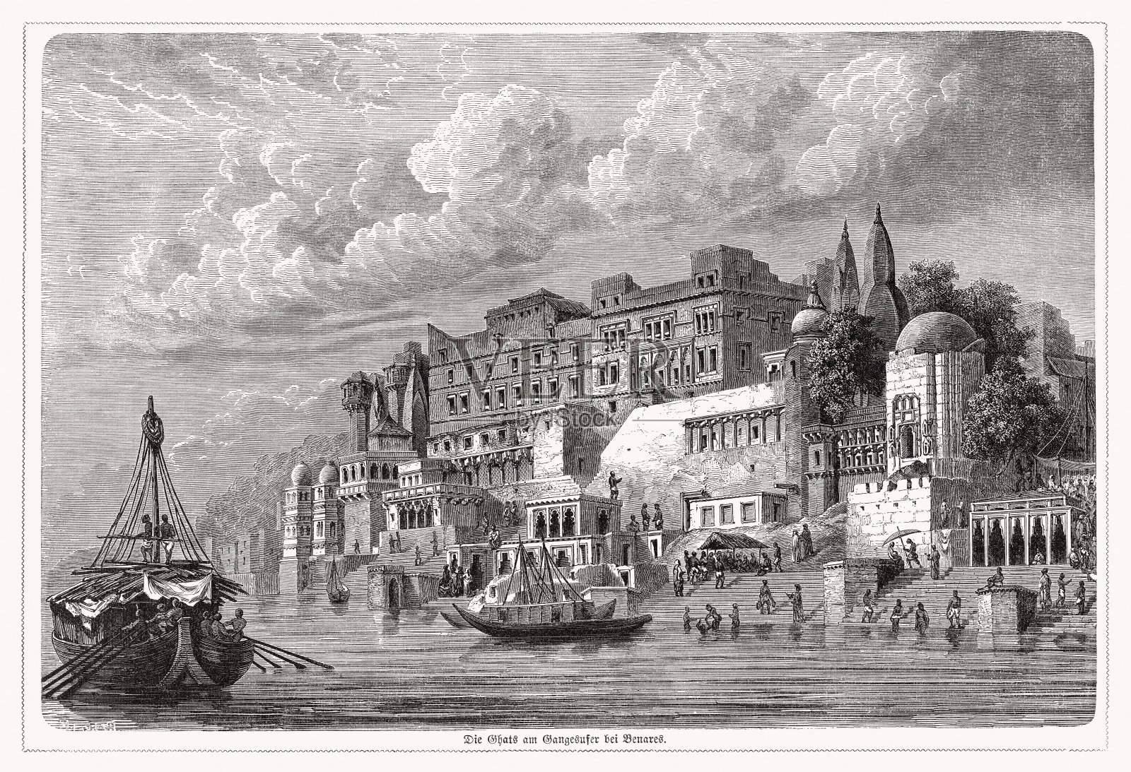 印度瓦拉纳西(贝拿勒斯)的高铁，木刻，1868年出版插画图片素材