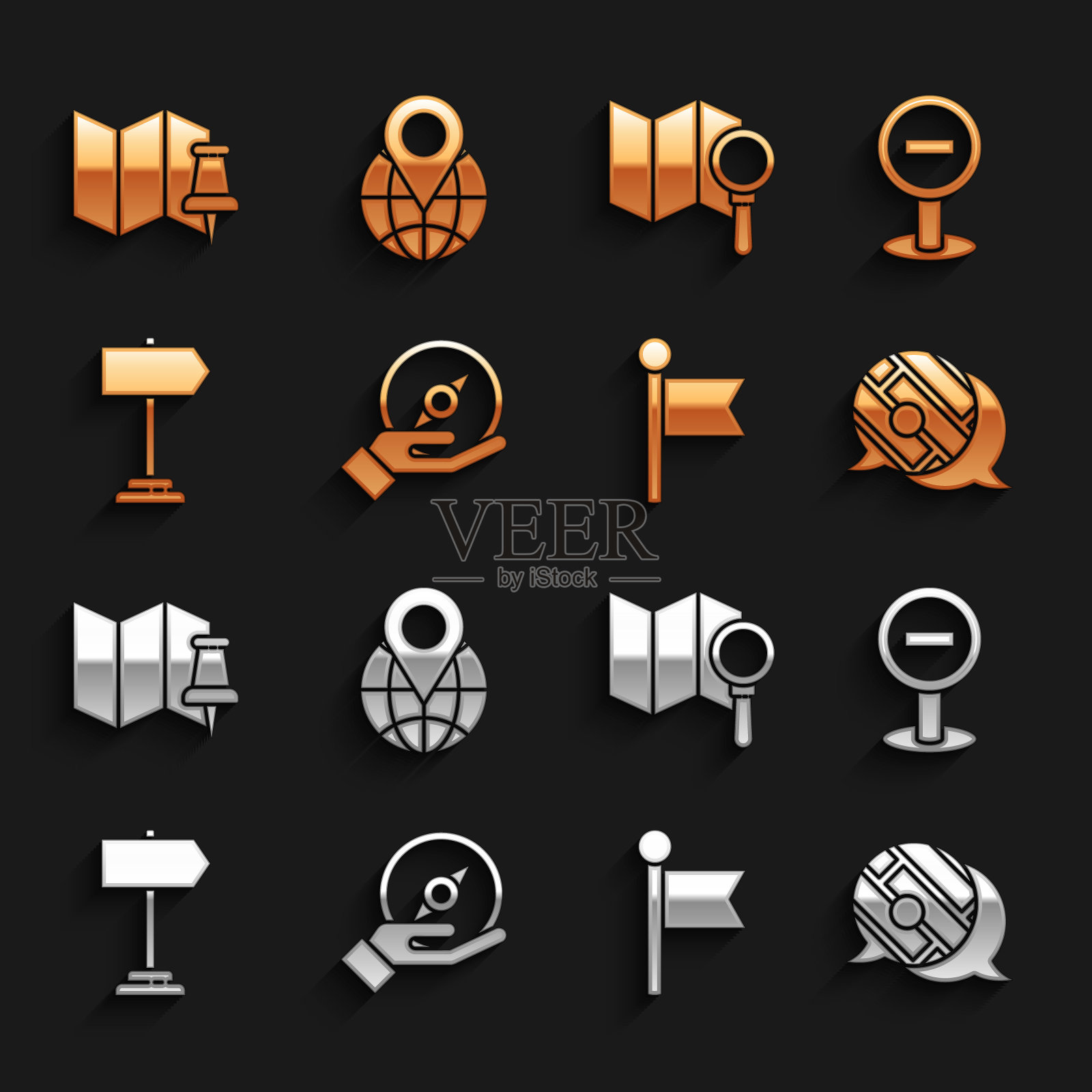 集指南针，停止标志，信息图的城市地图导航，位置标记，道路交通，搜索位置，折叠与推销和全球图标。向量图标素材