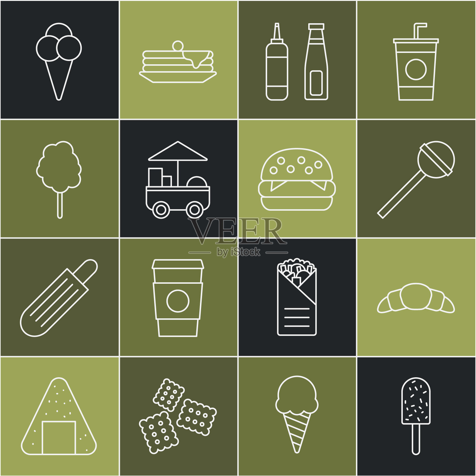 设置线冰淇淋，牛角包，棒棒糖，酱汁瓶，快餐车，棉花糖，在华夫饼筒和汉堡图标。向量图标素材