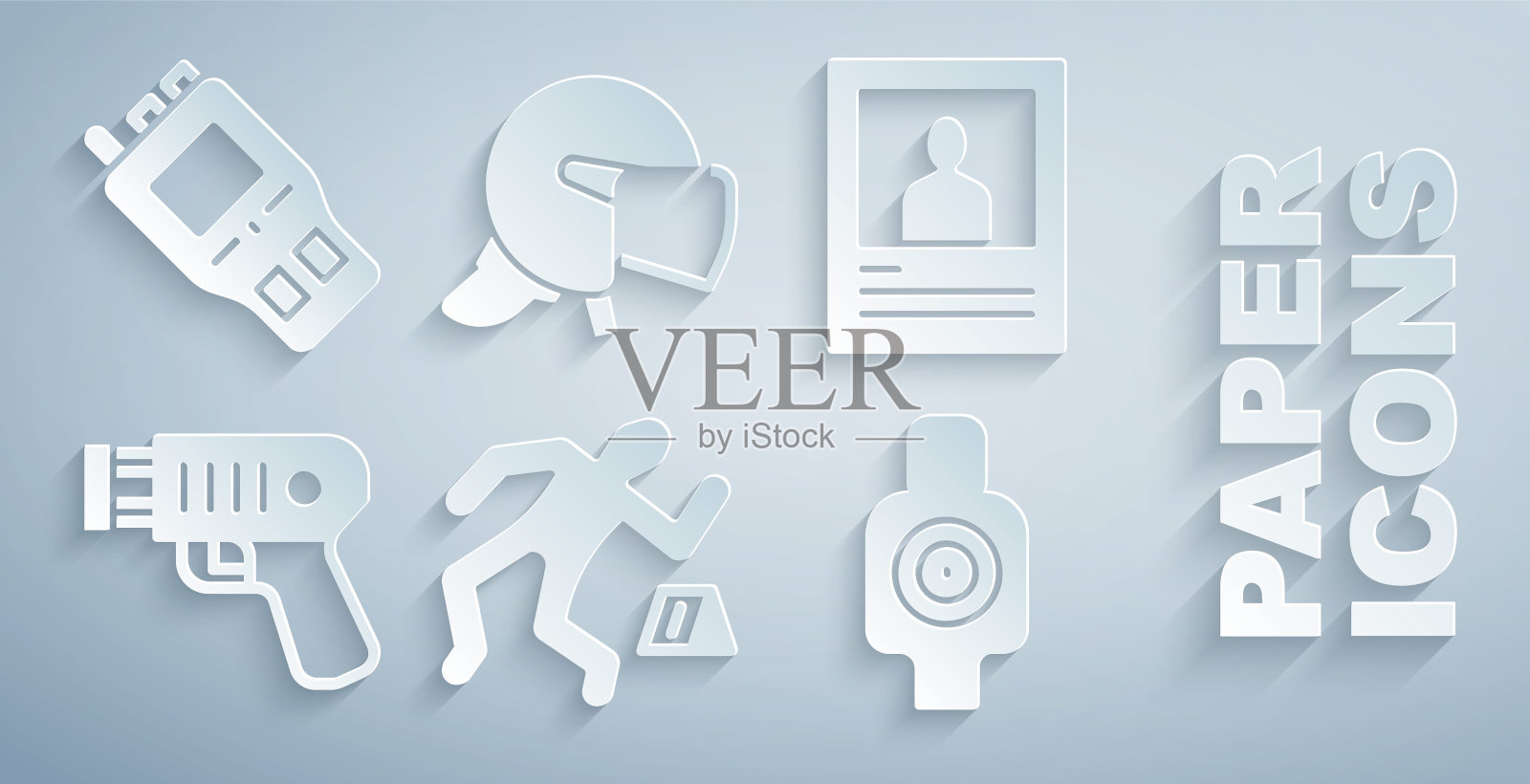 设置犯罪现场，通缉海报，警察电击器，人体目标运动射击，头盔和对讲机图标。向量插画图片素材