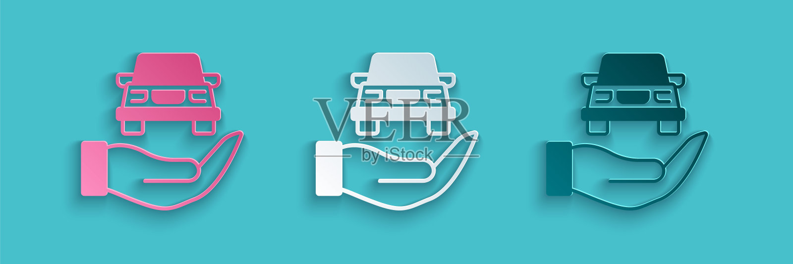 剪纸汽车服务检查汽车图标孤立的蓝色背景。汽车服务。纸艺风格。向量插画图片素材