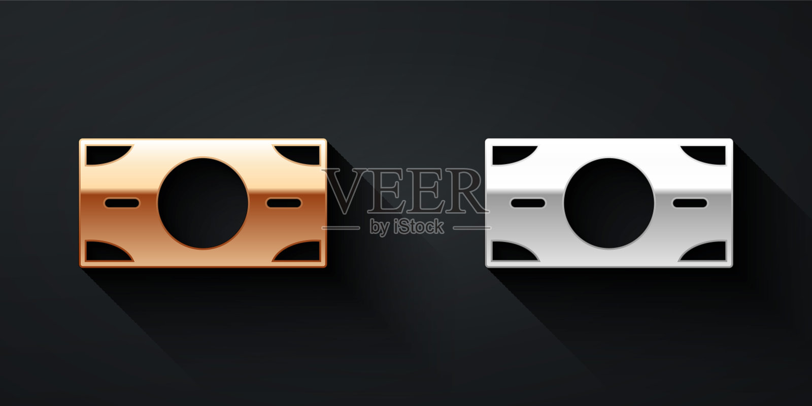 黄金和白银堆栈纸币现金图标孤立的黑色背景。钞票成堆。比尔的货币。长影式。向量插画图片素材