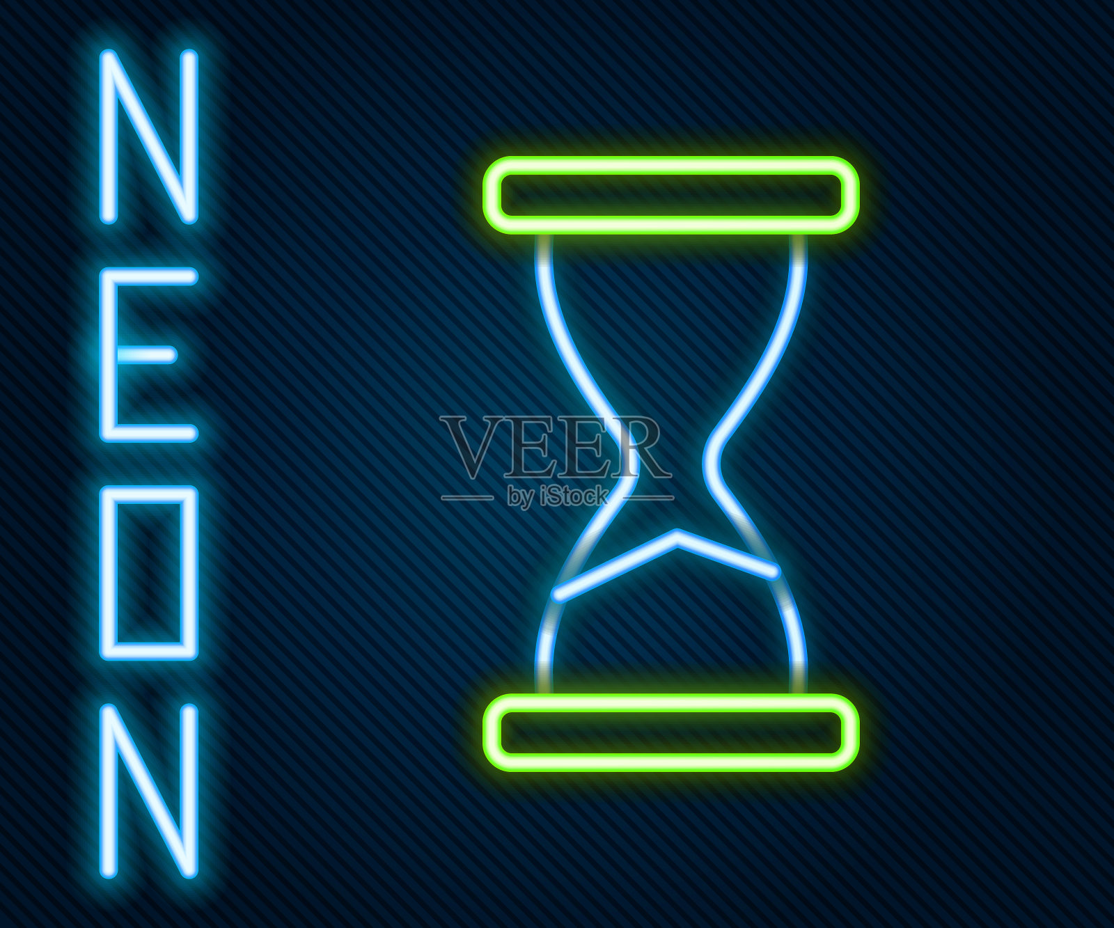 发光的霓虹灯线旧沙漏与流动的沙子图标孤立的黑色背景。沙钟标志。业务和时间管理的概念。色彩缤纷的轮廓概念。向量插画图片素材