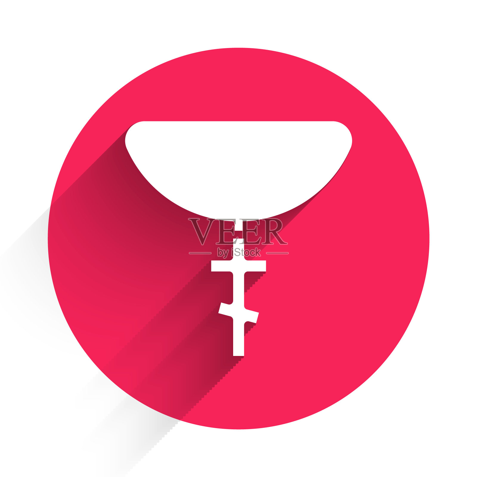 白色基督教十字架上的链图标孤立的长阴影。教堂的十字架。红色圆圈按钮。向量插画图片素材