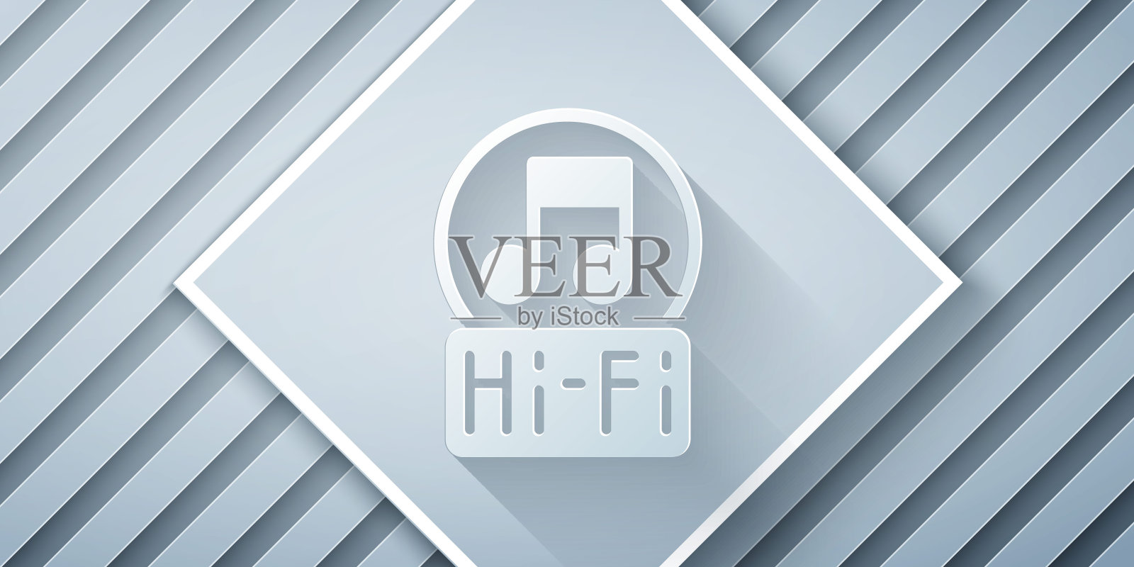 剪纸音乐笔记，音调图标孤立的灰色背景。纸艺风格。向量插画图片素材