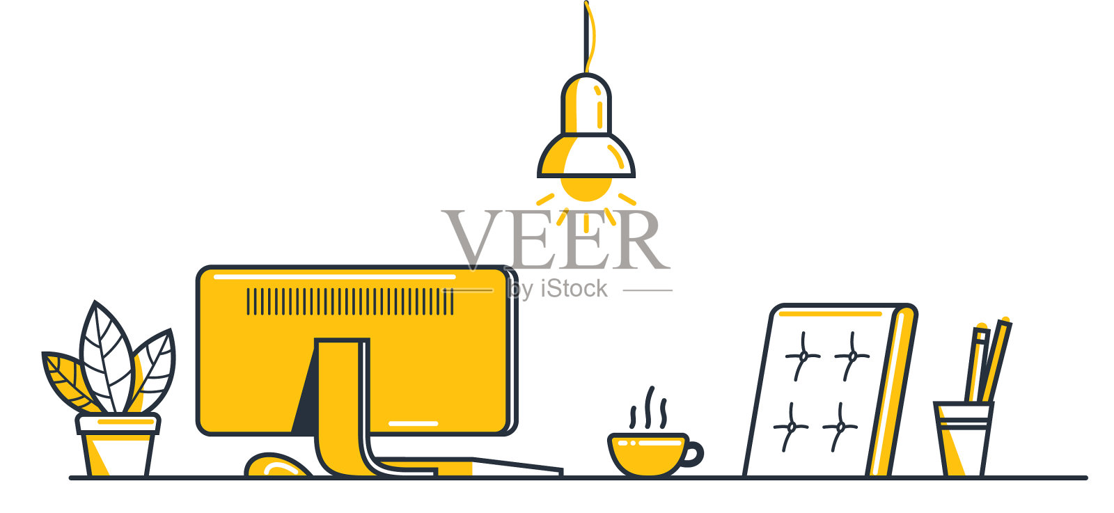 工作场所的办公室桌子平孤立插画图片素材