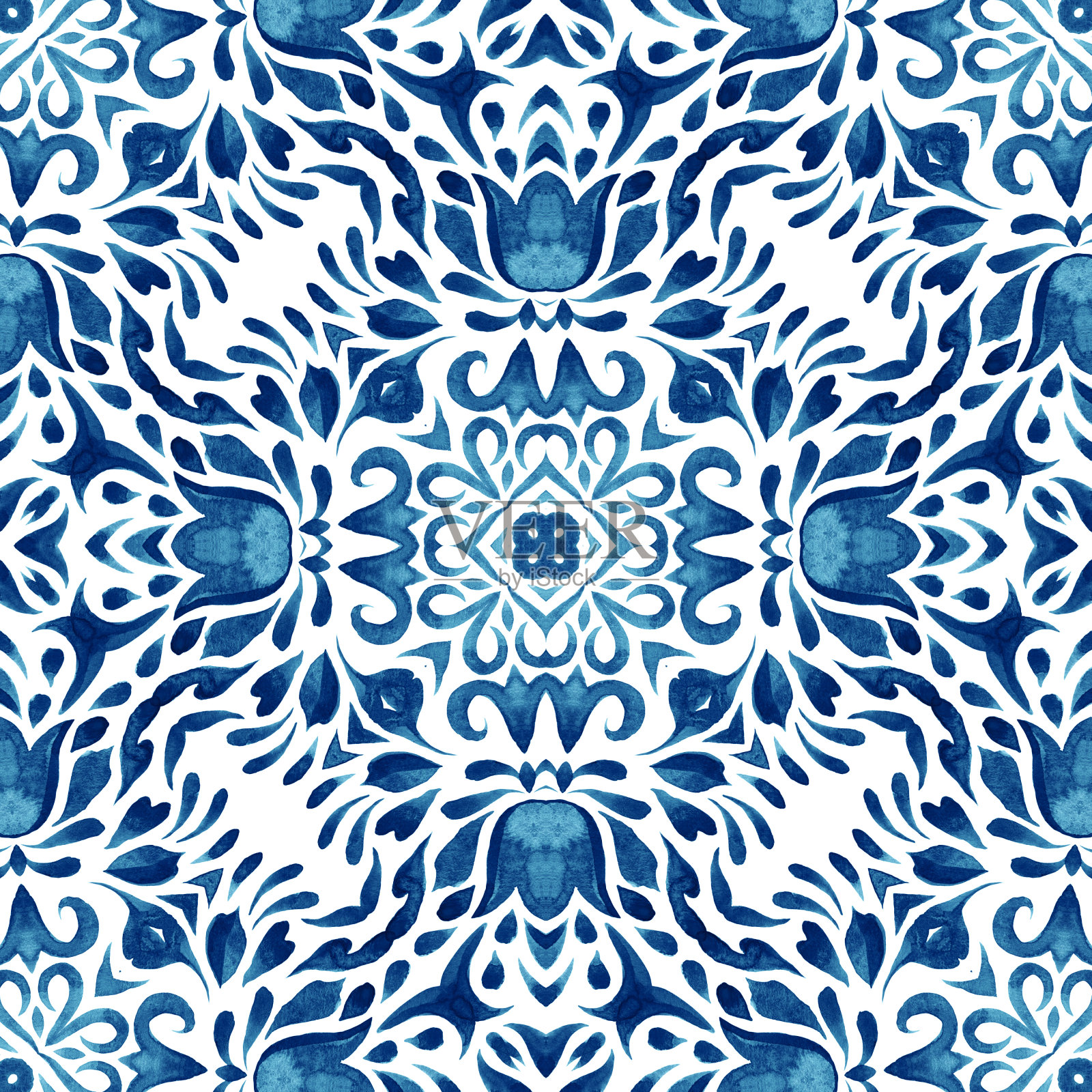 花蓝色和白色手绘瓷砖无缝装饰华丽的锦缎背景水彩油漆图案。插画图片素材