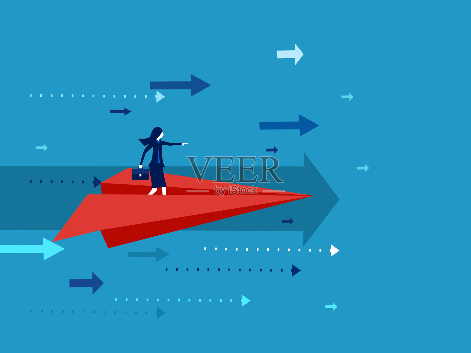 组织领导。女商人在纸飞机上指指方向。插画图片素材