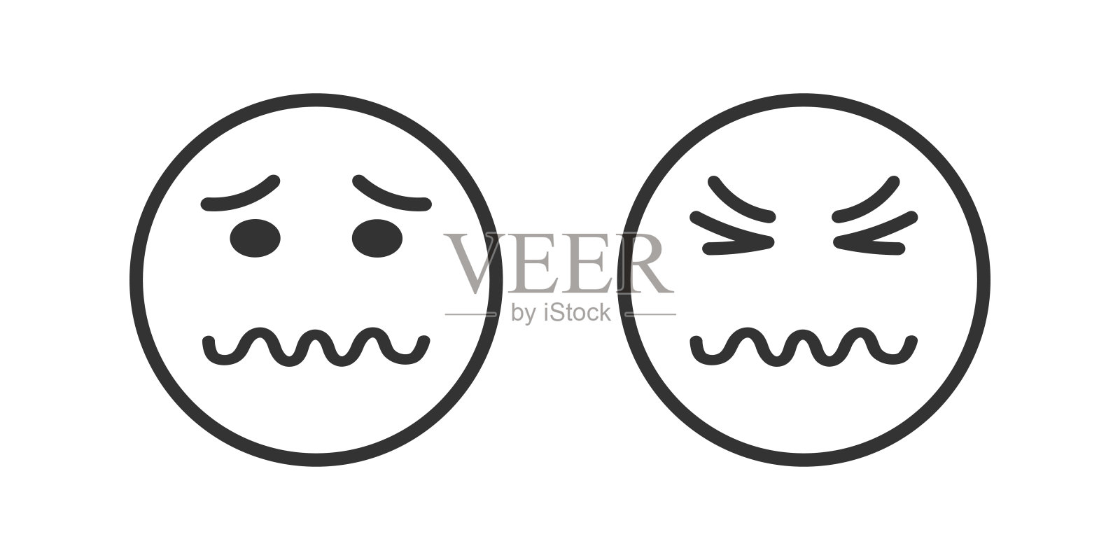 脸上带着困惑的情绪，弯弯曲曲的嘴巴和皱巴巴的模仿。晕，脾气暴躁，不开心，悲伤的表情符号图标孤立在白色背景插画图片素材
