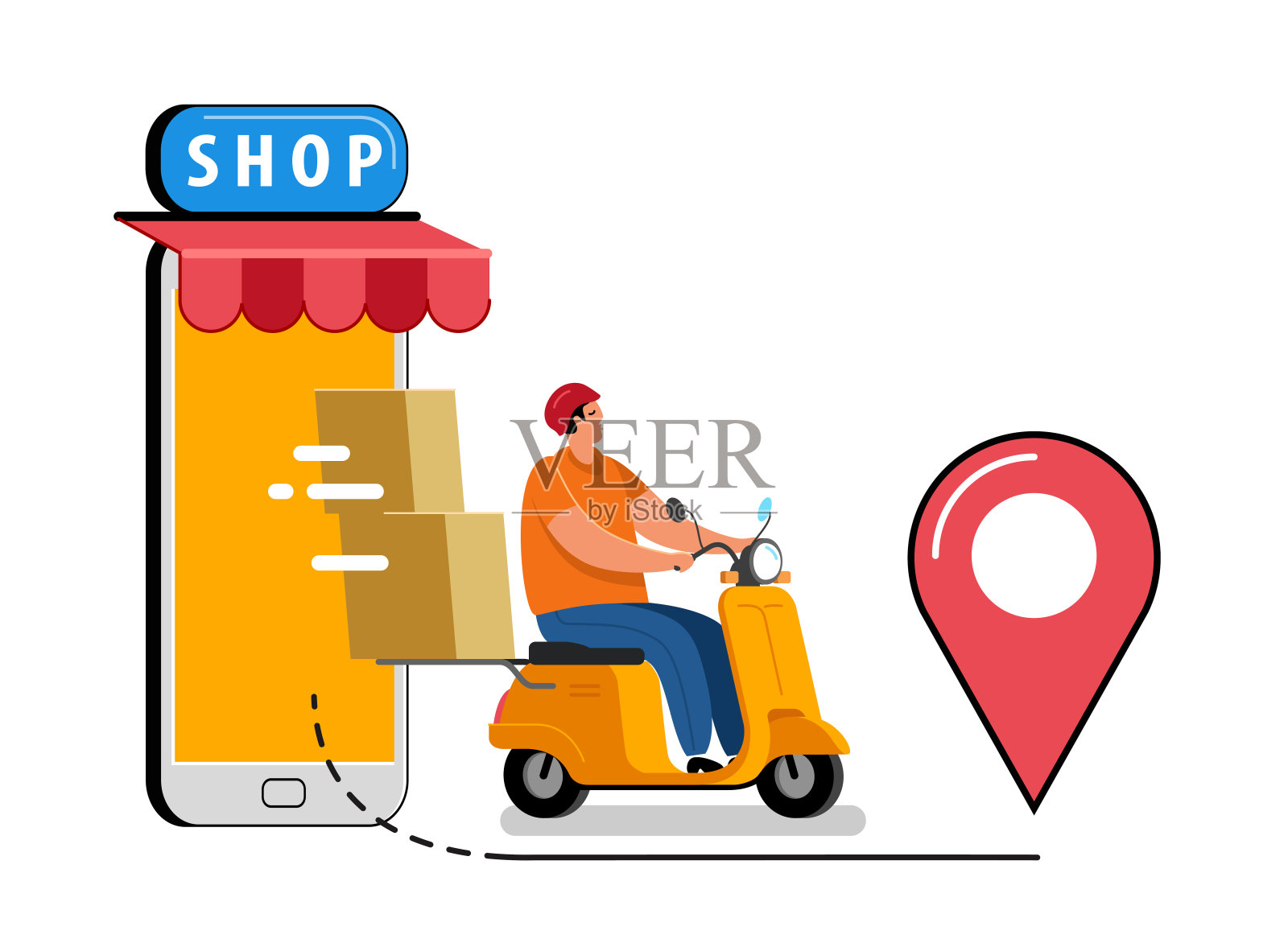 网上送货的服务理念，送货上门或办公室。快递员，快递员骑着摩托车送包裹插画图片素材