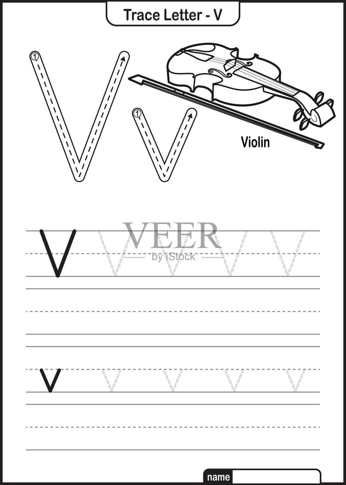 字母痕迹字母A到Z学龄前工作表与字母V小提琴亲矢量插画图片素材
