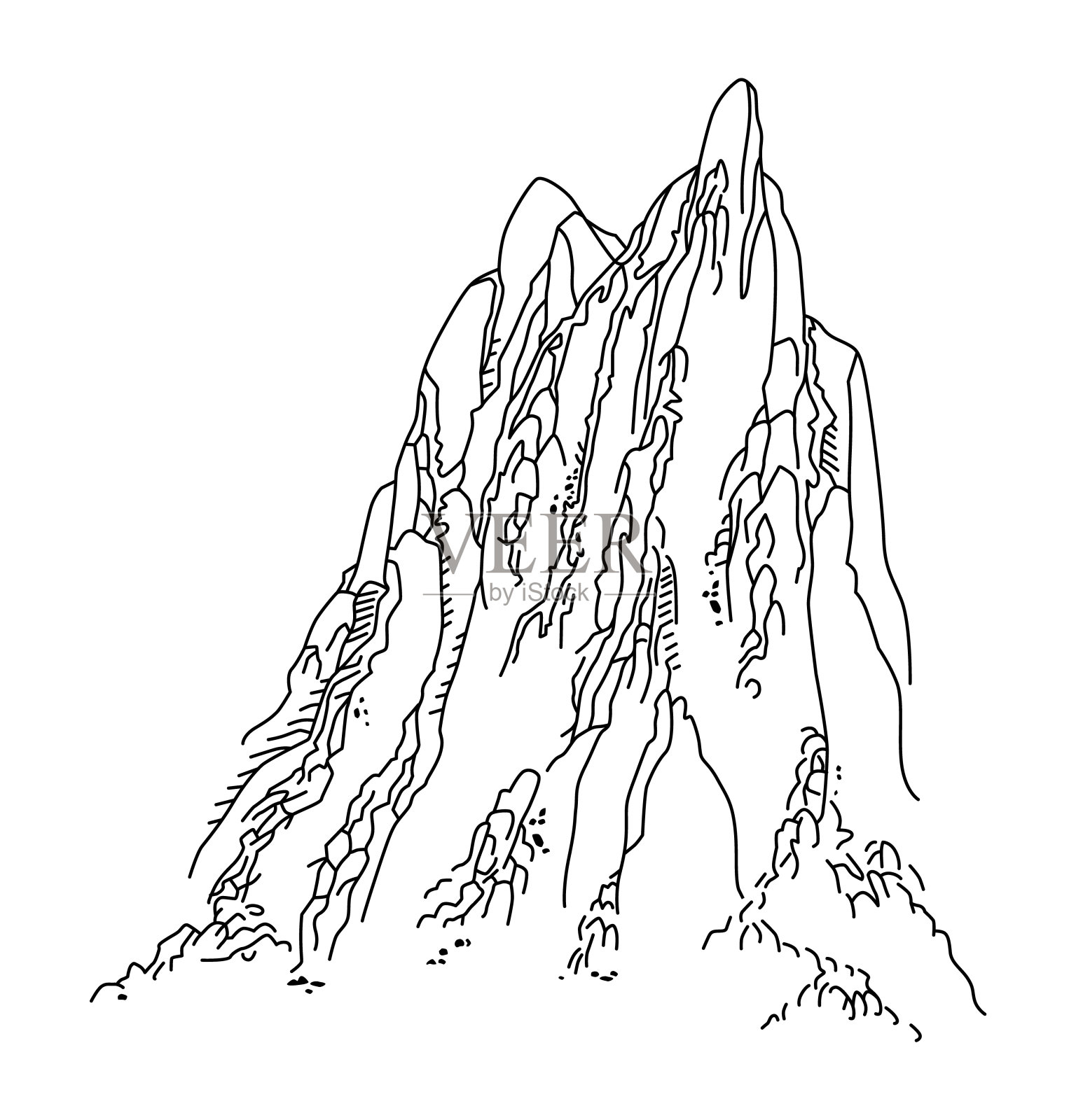 岩石。用黑线画的。轮廓向量绘制的主题是山地和山地旅游。插画图片素材