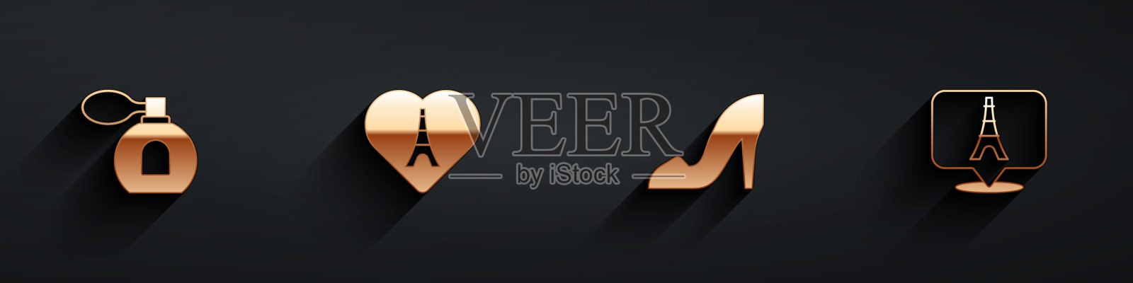 集香水，埃菲尔铁塔与心，女鞋和图标与长阴影。向量插画图片素材