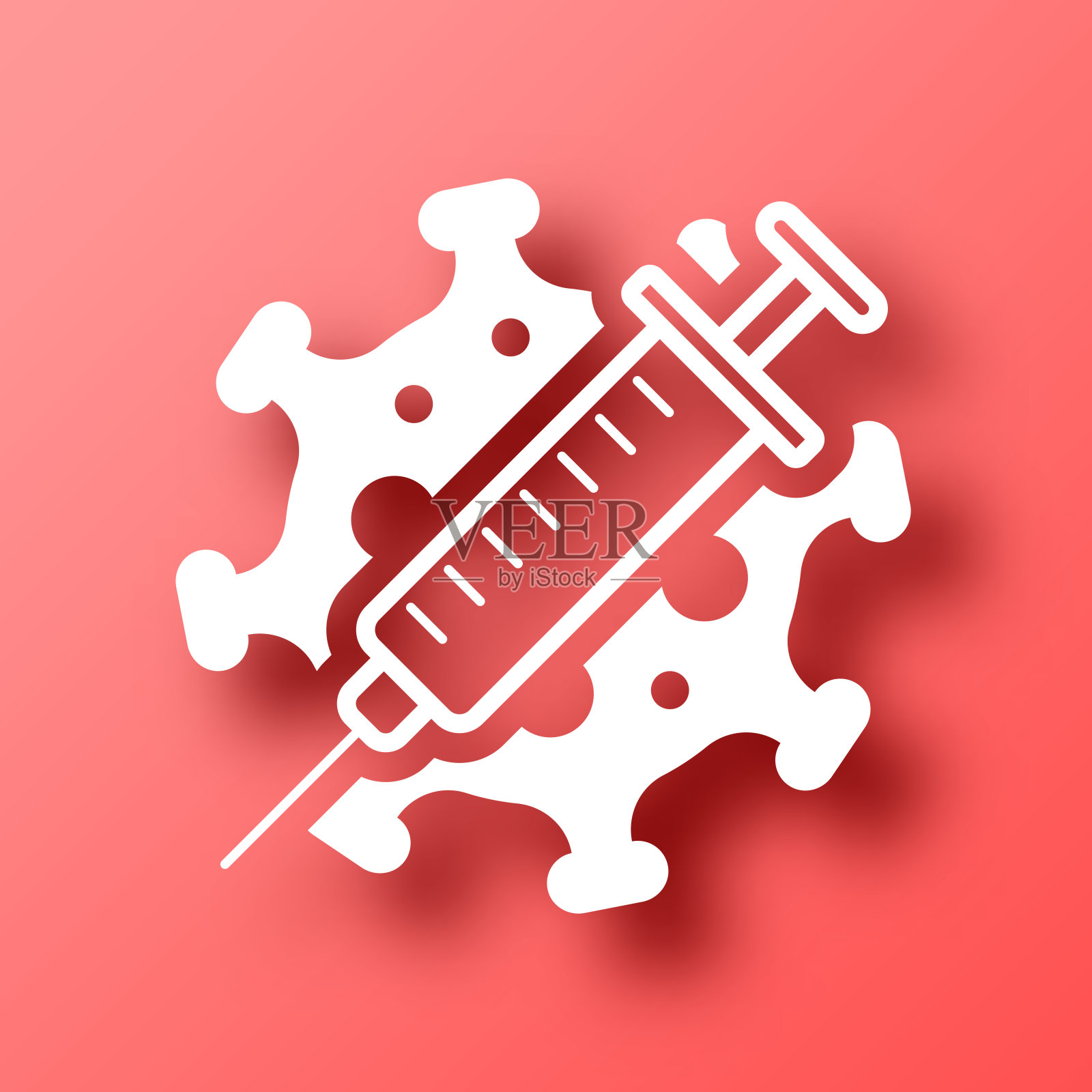 Covid-19疫苗。图标在红色背景与阴影插画图片素材