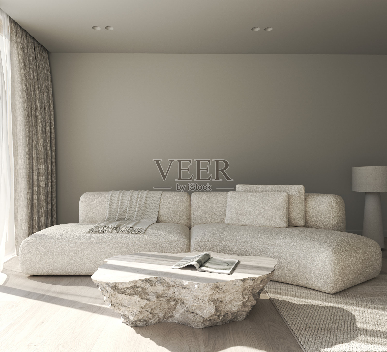 创意现代灰色室内客厅与阳光，石桌，圆形沙发和大白色灯。前视图。3d渲染模型。高质量3d插图照片摄影图片