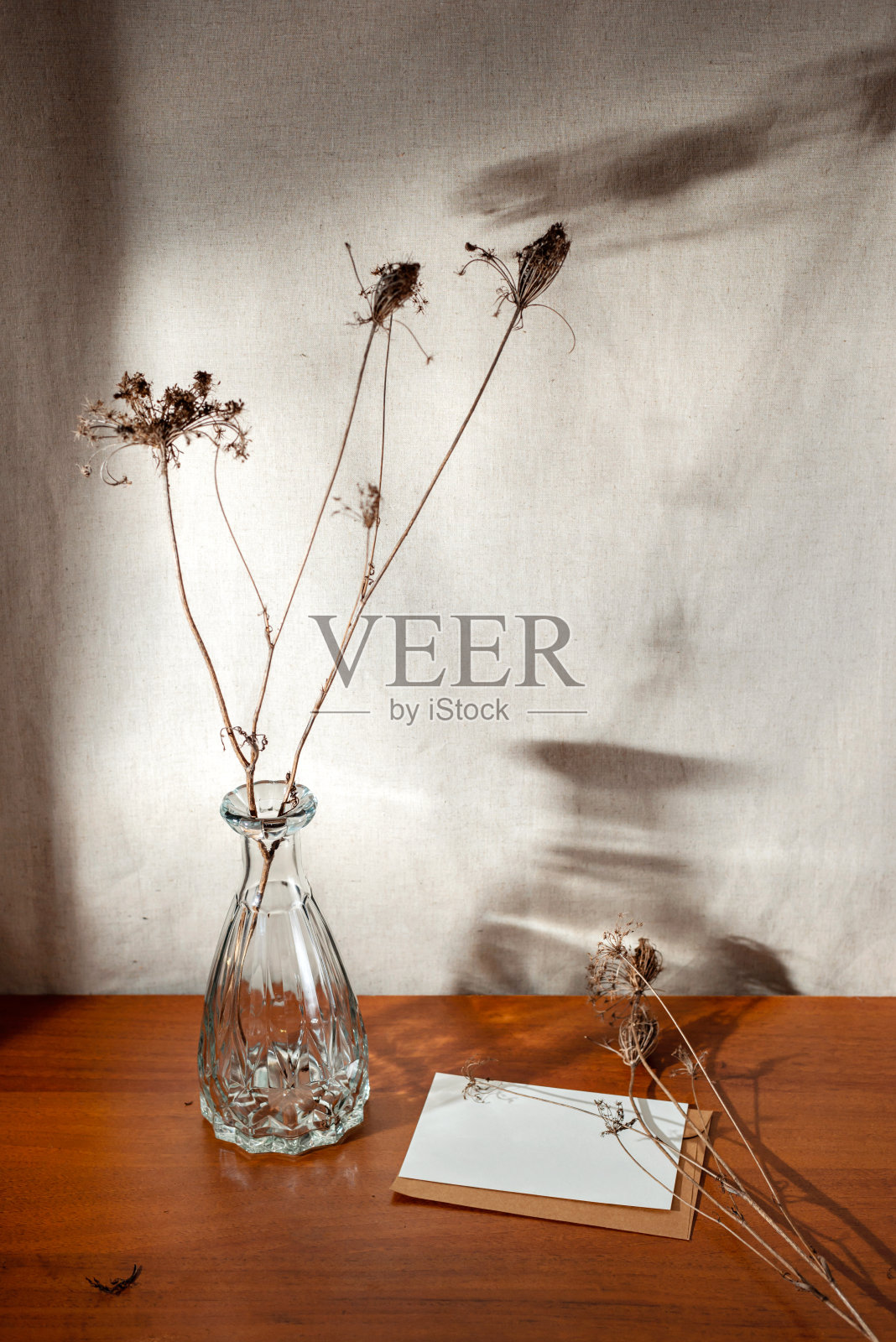 玻璃花瓶里的干草甸花，桌子上的空白纸卡，中性米色墙上的美学阳光花影，极简的现代室内设计理念照片摄影图片