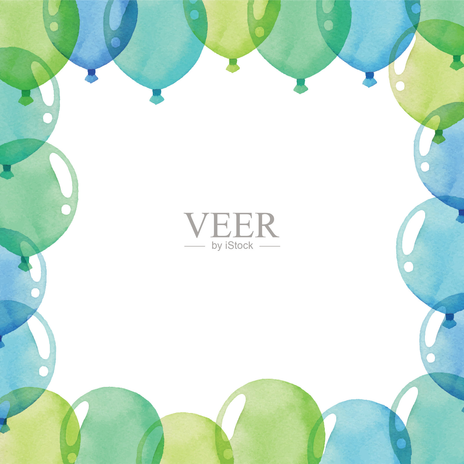 水彩框架与蓝色和绿色气球设计元素图片