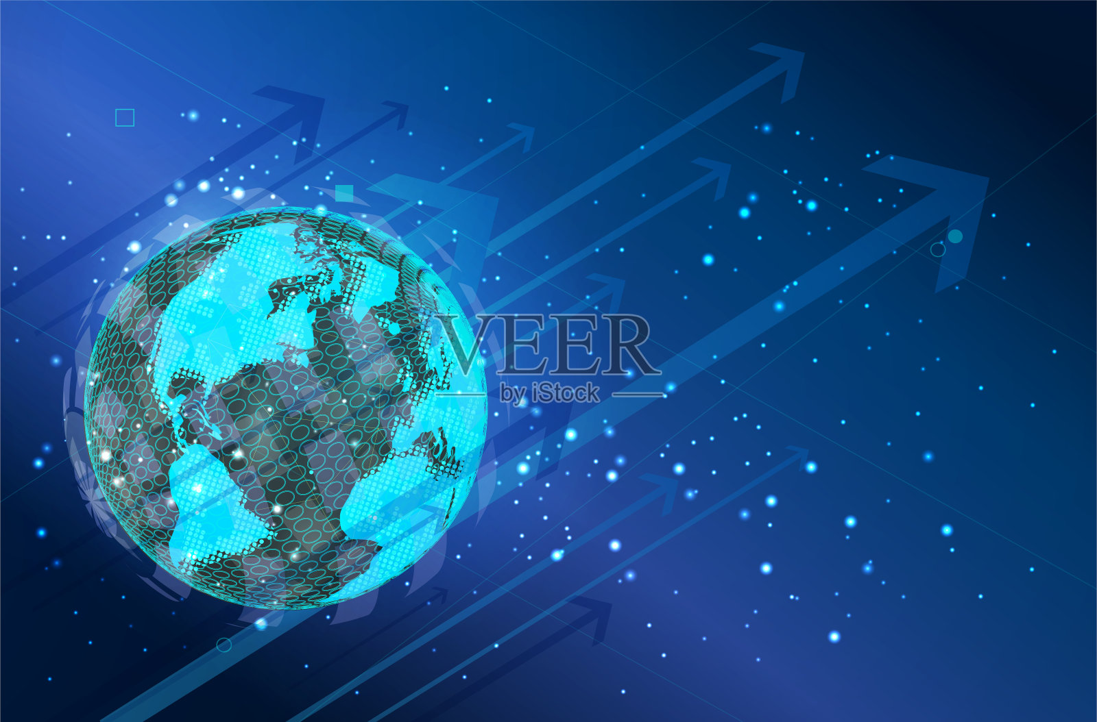 向量。从太空看地球。闪烁的城市灯光。大陆地图。全球通讯系统和万维网。技术和通信。全球化。发光的球体。插画图片素材