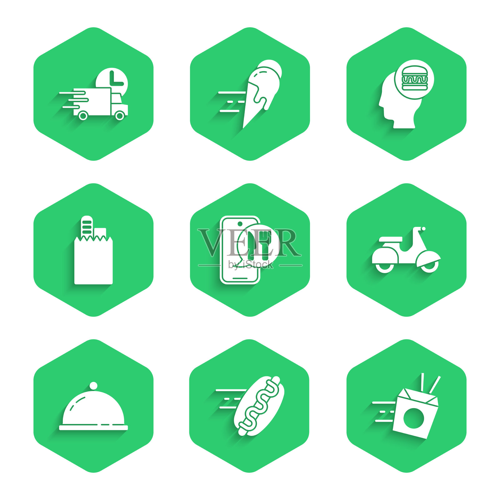 设置在线订购和配送热狗面图标素材