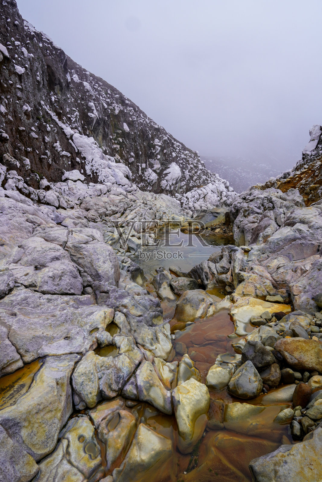 美丽的自然景色可以欣赏到波阿斯火山佳能，山脉和试山到碧绿的水域与探险者一起照片摄影图片