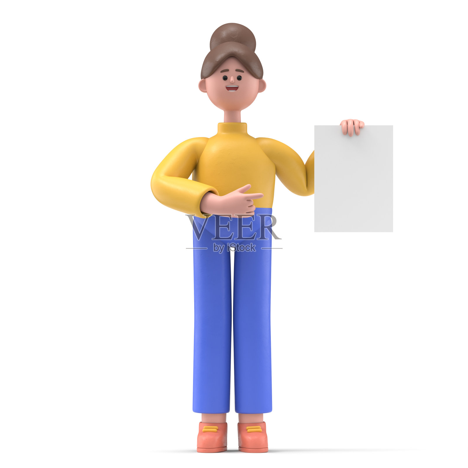 一个微笑的女人安吉拉手持白色白板的3D插图。卡通人物的肖像站着，一只手拿着展板，另一只手指向展板，广告牌，白色背景上的3D渲染。照片摄影图片