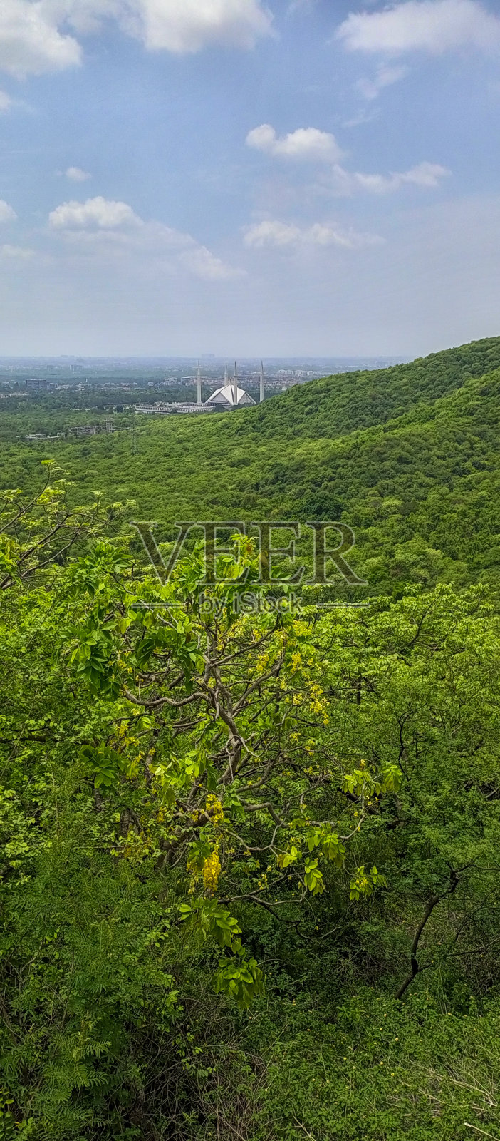 从玛加拉山鸟瞰伊斯兰堡的费萨尔清真寺照片摄影图片