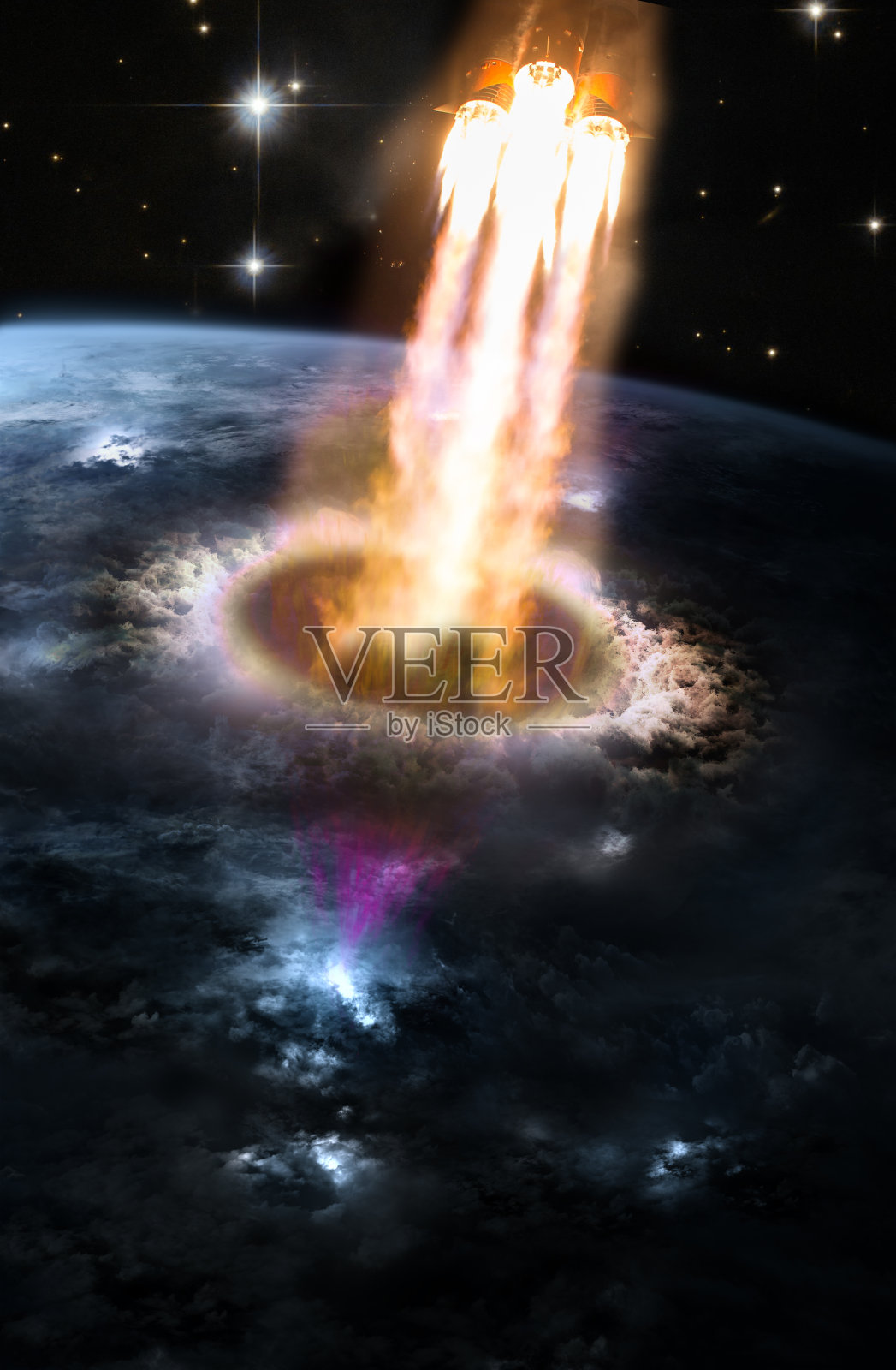 从地球发射一艘宇宙飞船，穿过臭氧层空洞进入太空。照片摄影图片