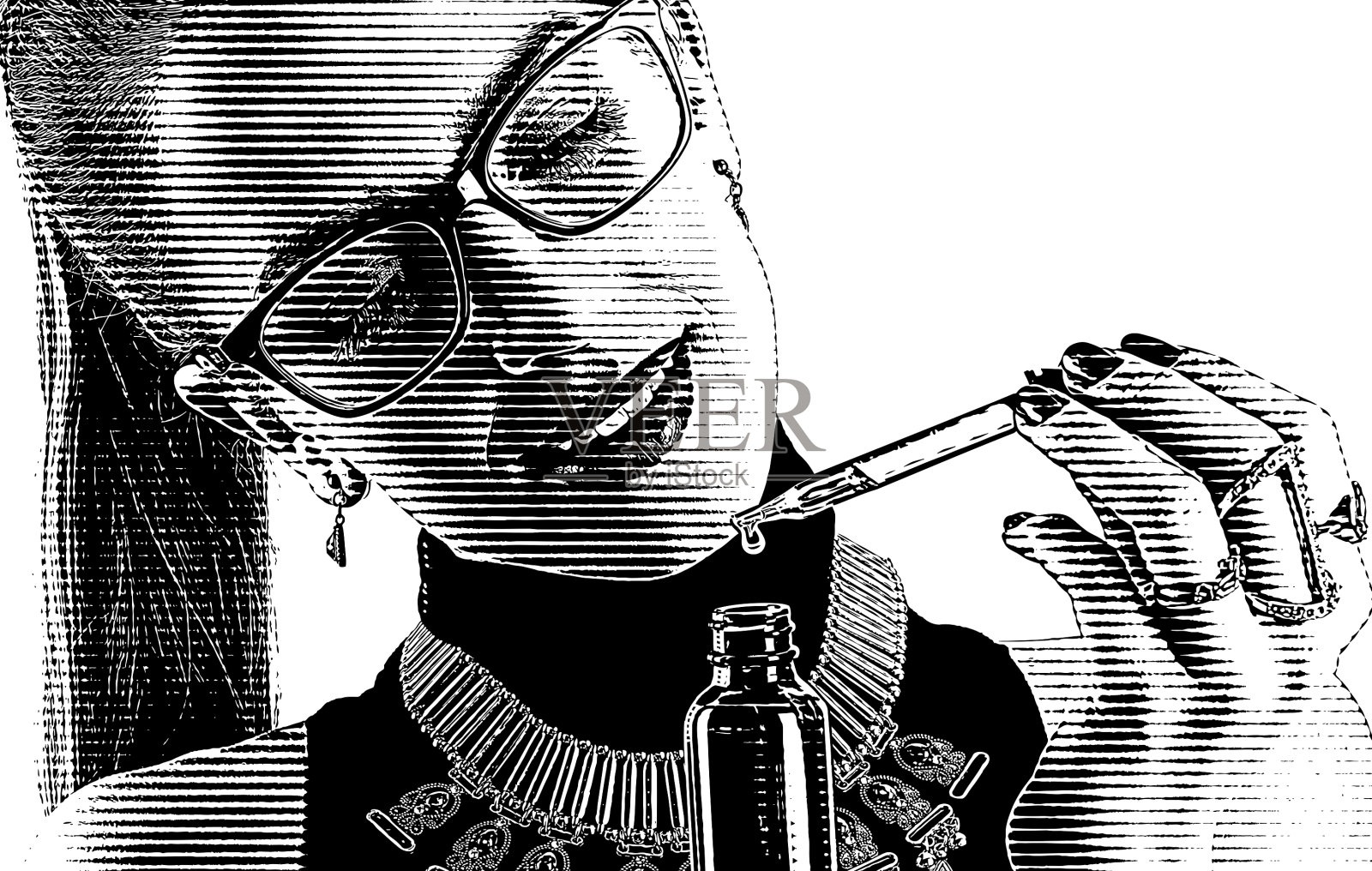 年轻女子使用CBD油瓶子和吸管插画图片素材