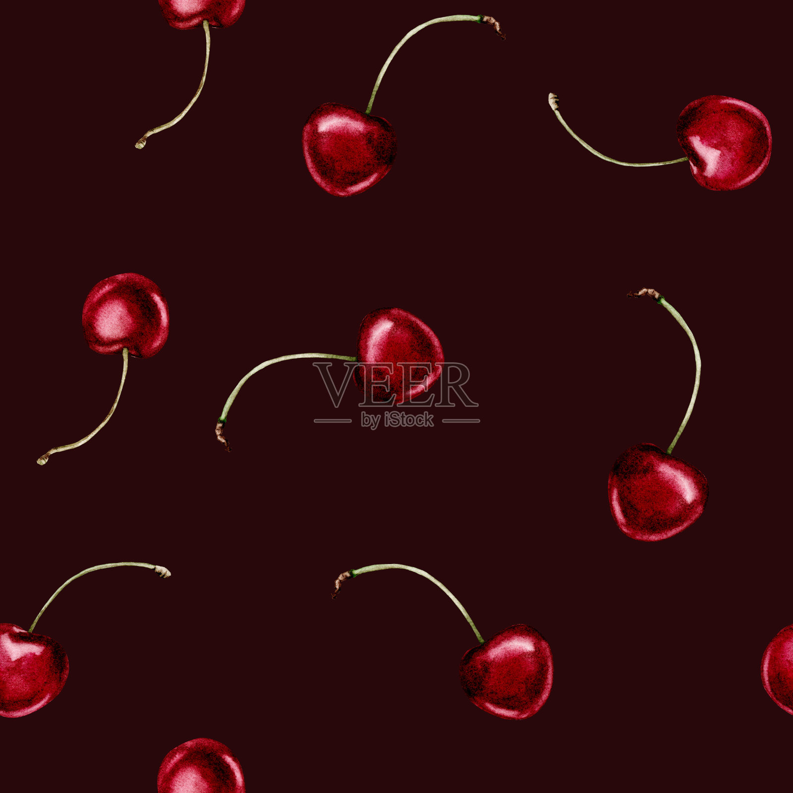 水彩插图的无缝图案与一个浆果樱桃与细枝在黑暗的背景。无尽的重复打印背景。适用于织物、纺织品、服装、印花、墙纸、海报等插画图片素材