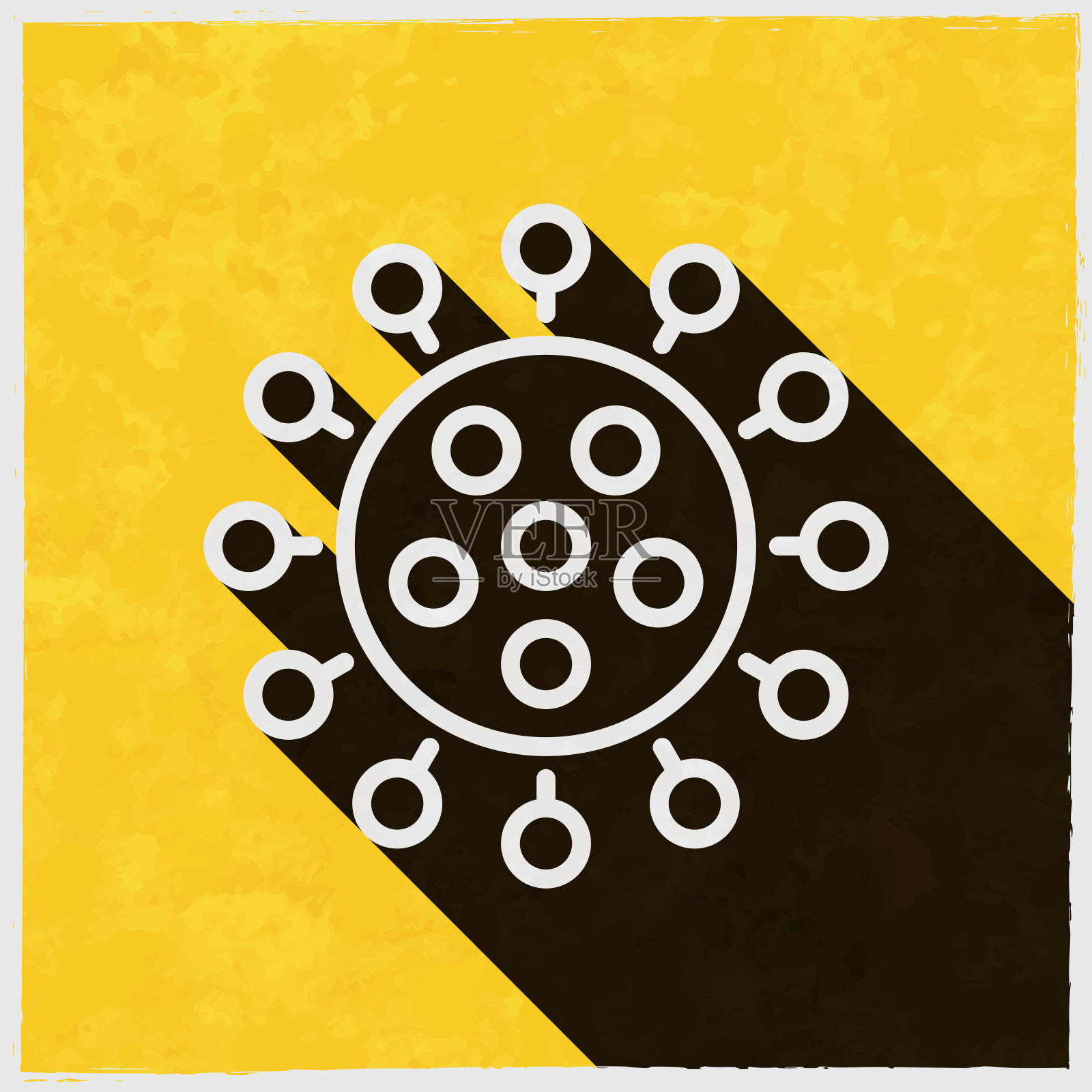 冠状病毒细胞(COVID-19)。图标与长阴影的纹理黄色背景插画图片素材