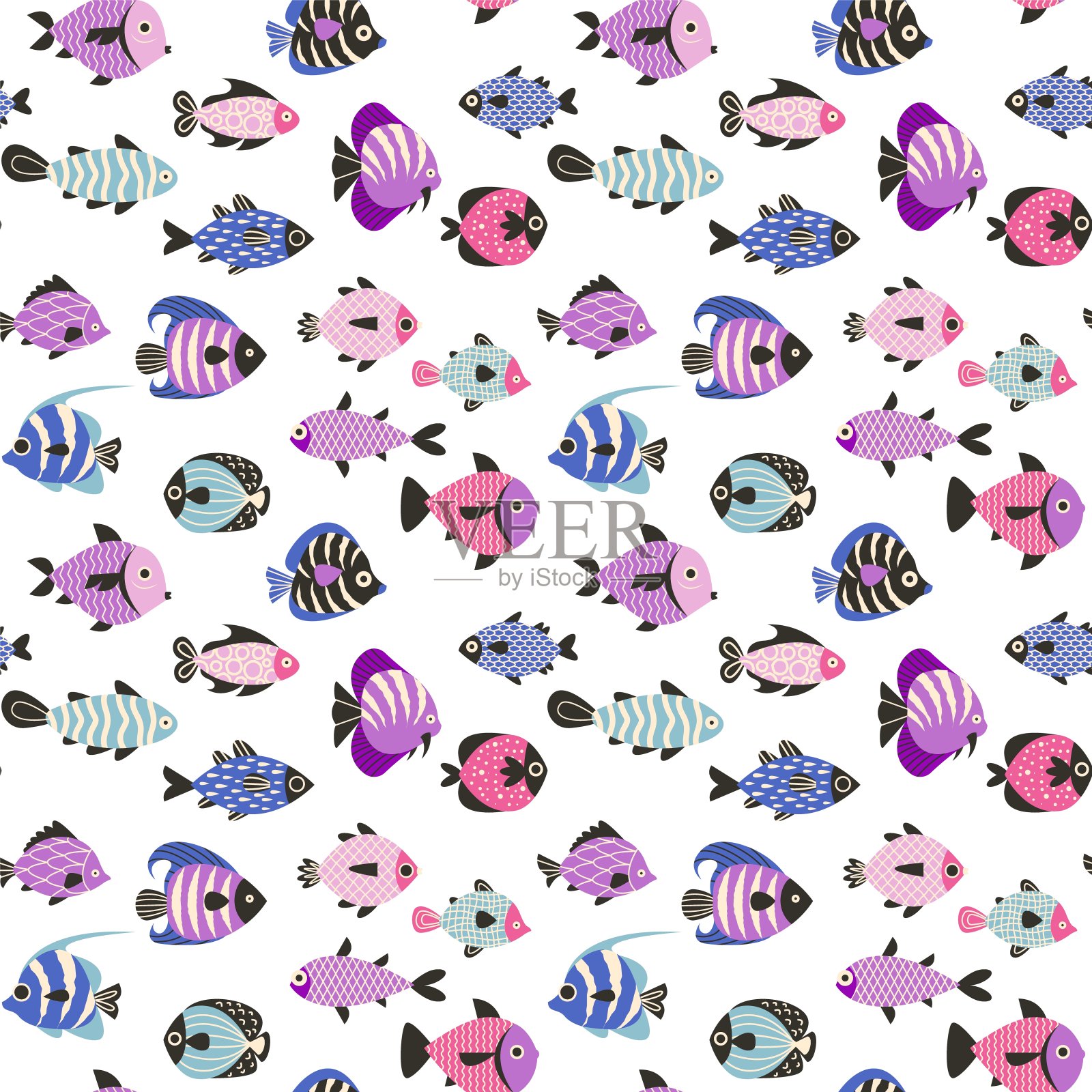 五颜六色的鱼图案。无缝打印海洋动物游泳水下异国热带鱼。矢量背景纹理插画图片素材