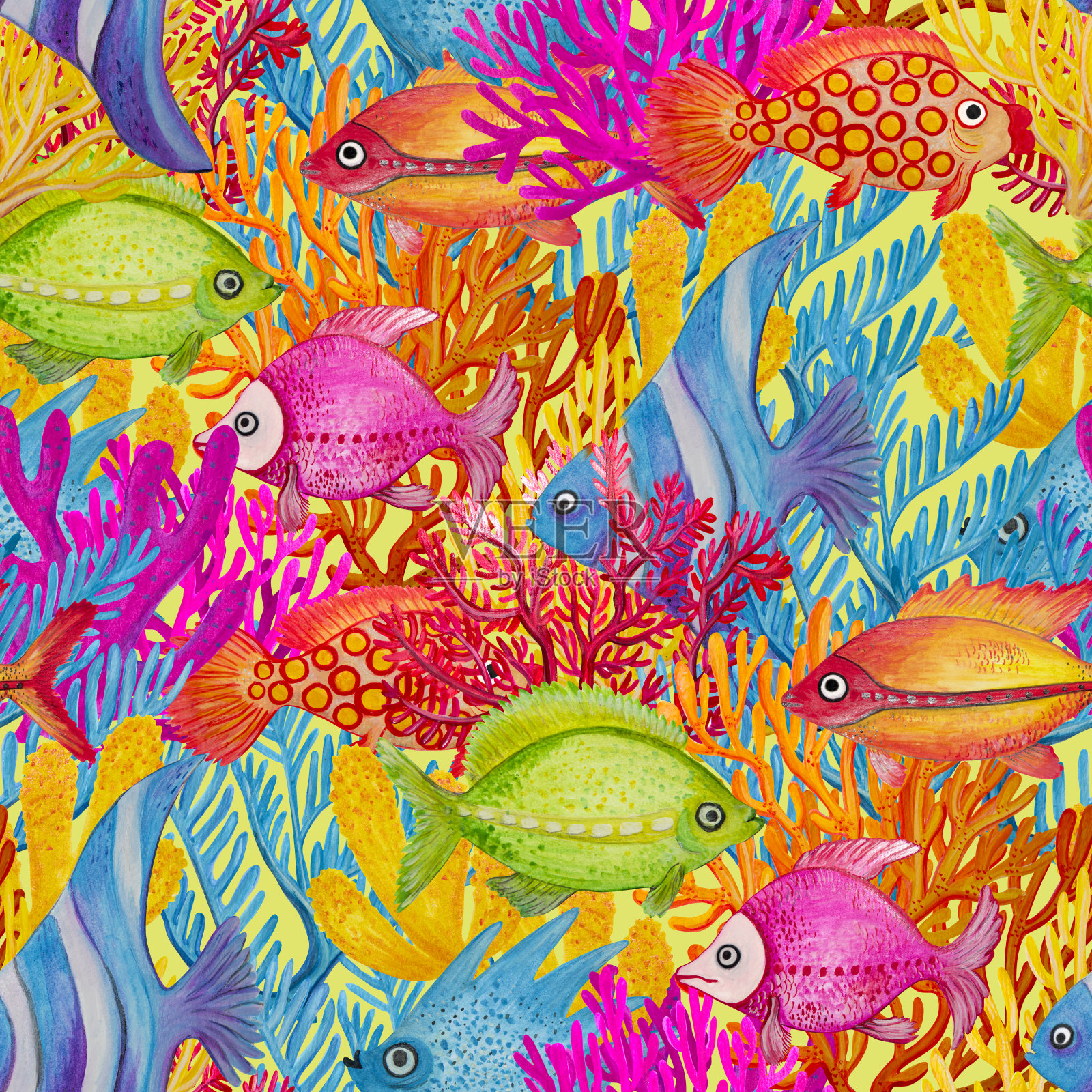 无缝模式。珊瑚礁里五颜六色的热带鱼。插画图片素材