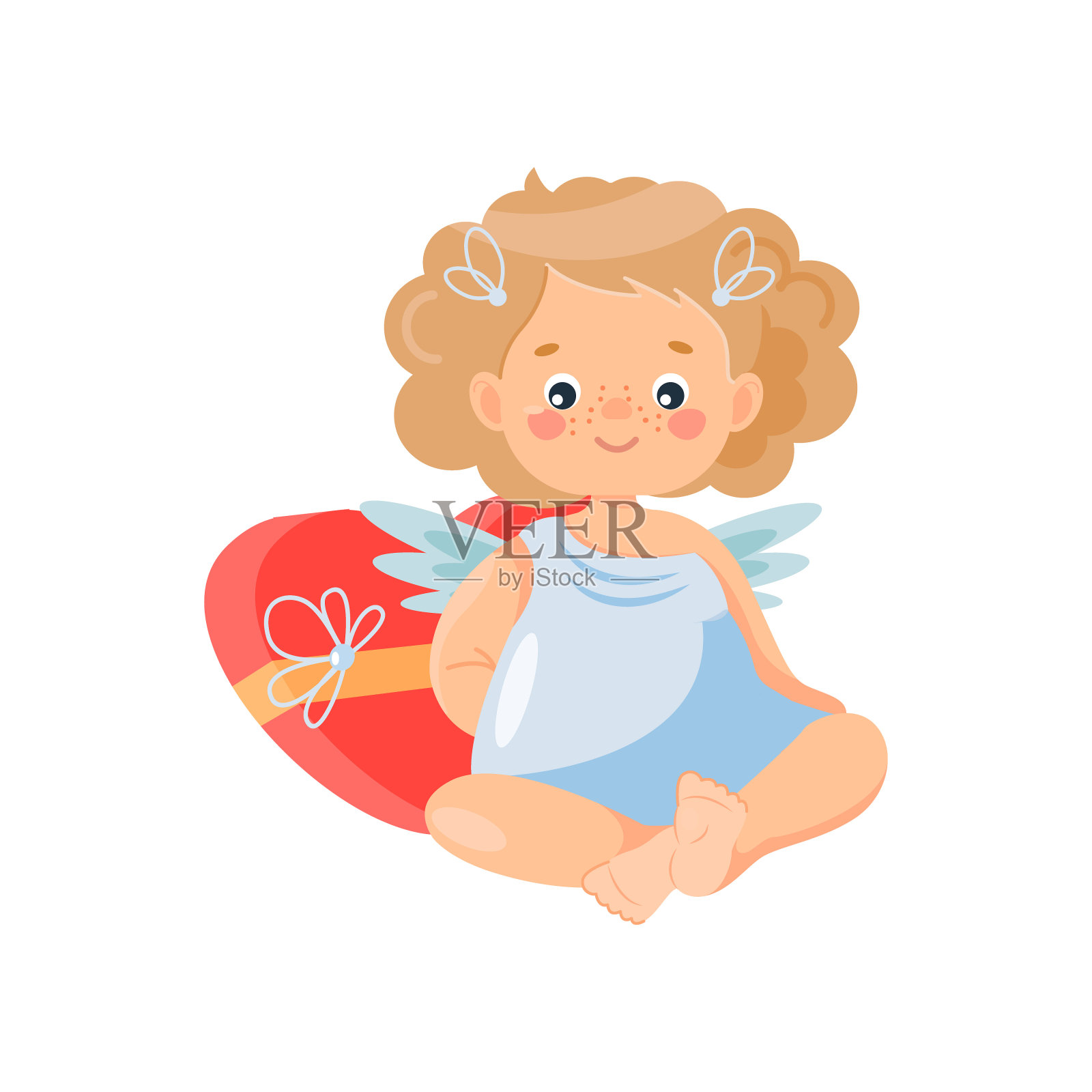 一个可爱的卷发丘比特女孩(天使)坐在那里，手里拿着一盒心形的糖果插画图片素材