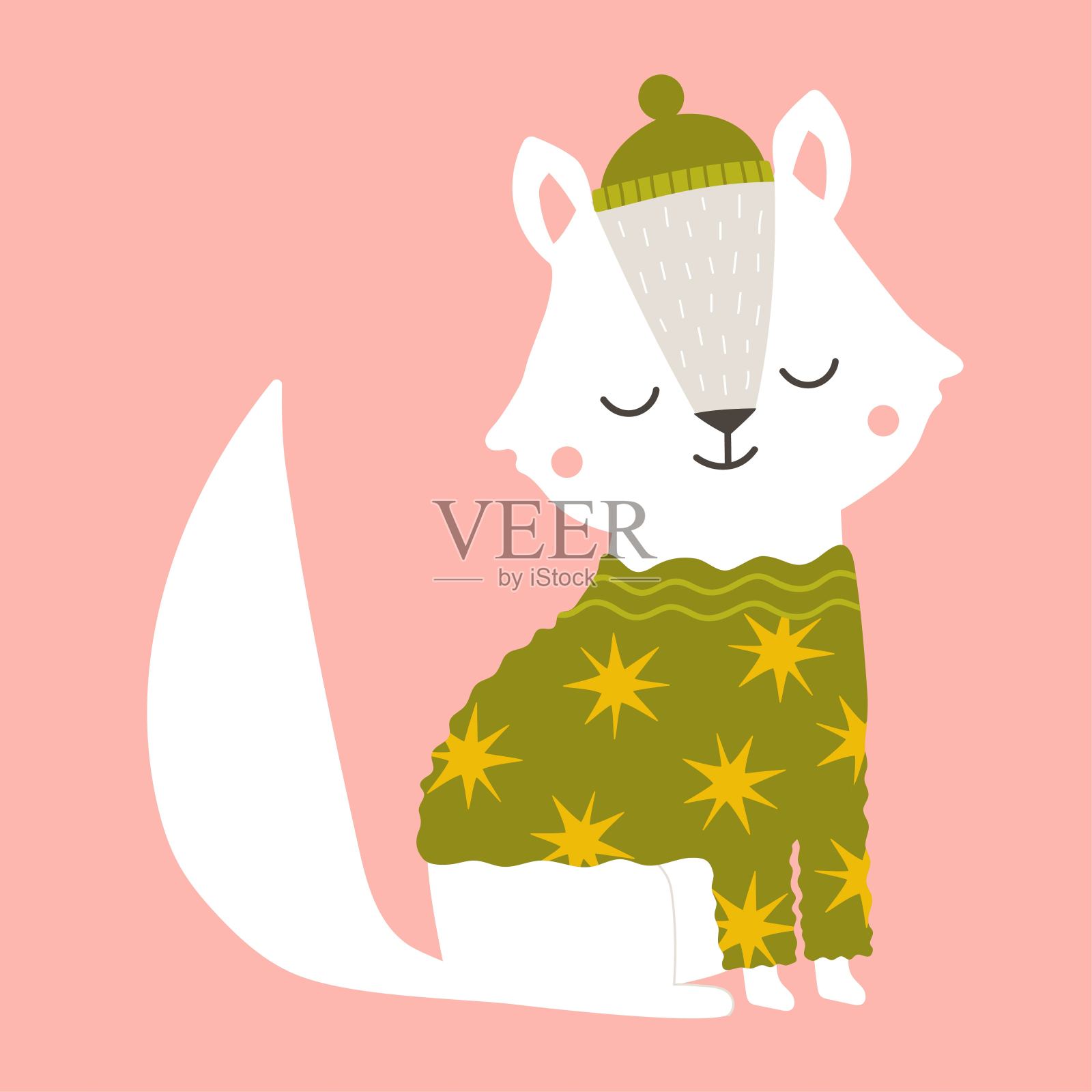 矢量插图可爱北极狐在星空毛衣和冬季或秋季帽子。插画图片素材