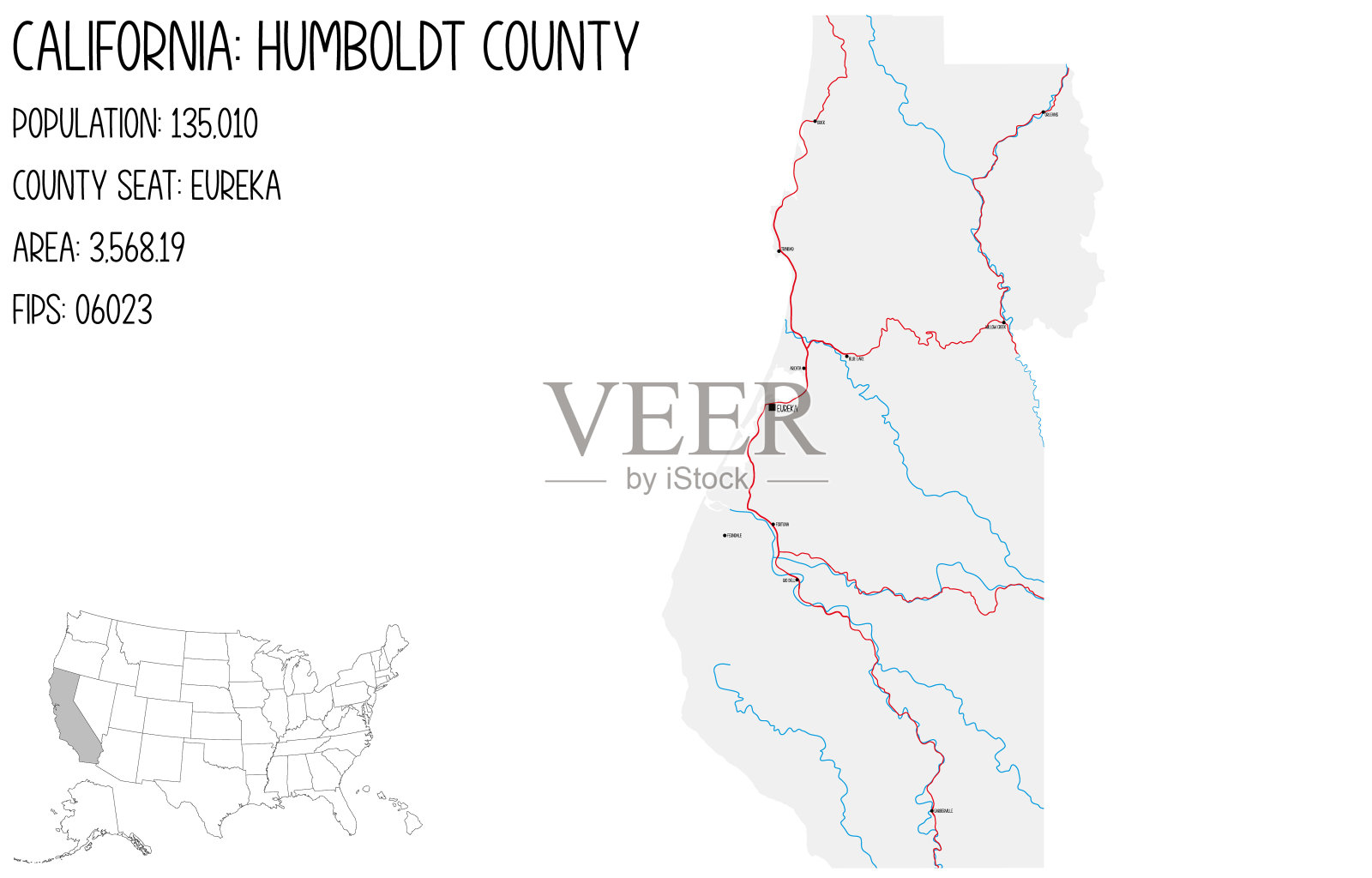 美国加利福尼亚州洪堡县地图。插画图片素材