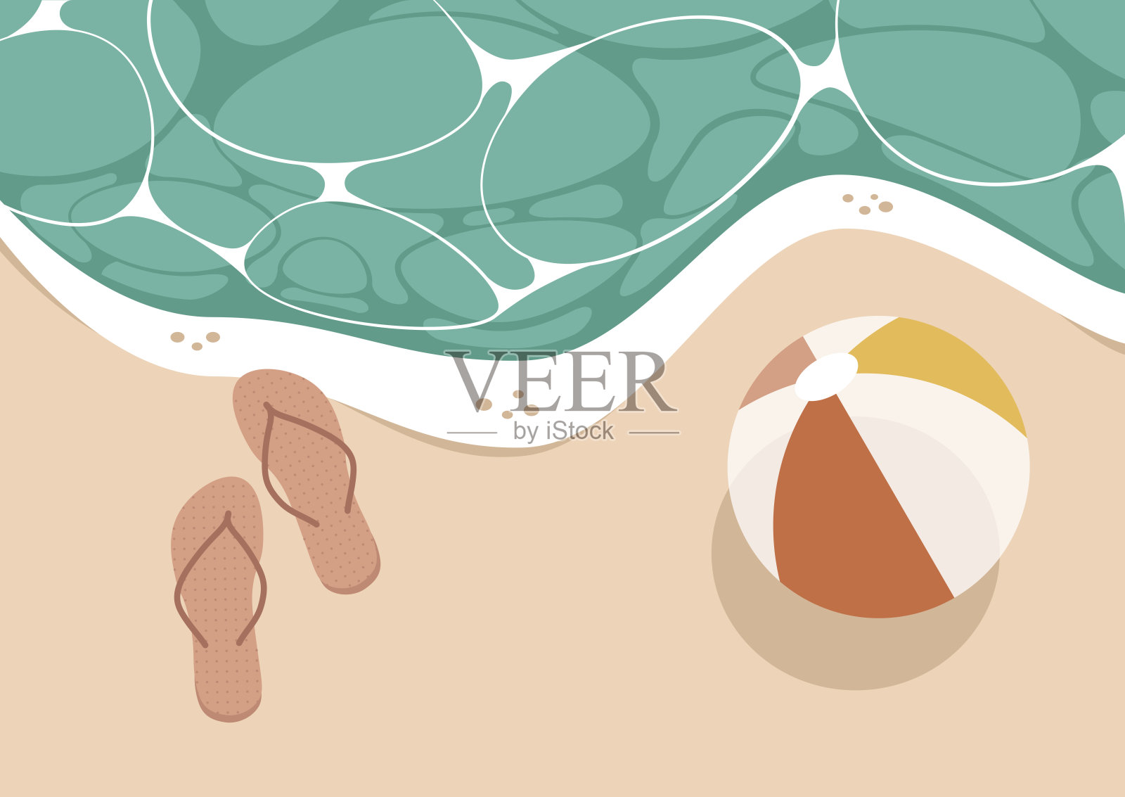 暑假，热带海滩顶景，岸上一双人字拖，一个充气球，沙滩和绿松石水插画图片素材