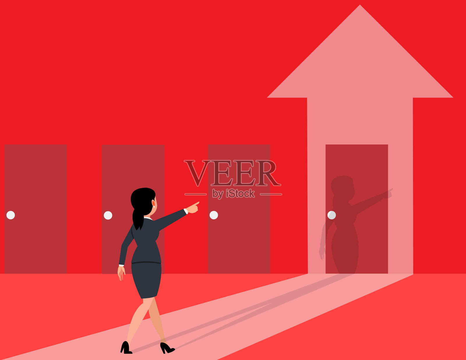 进入新机遇，女性面临挑战。一个女商人带着箭头的影子朝门口走去插画图片素材