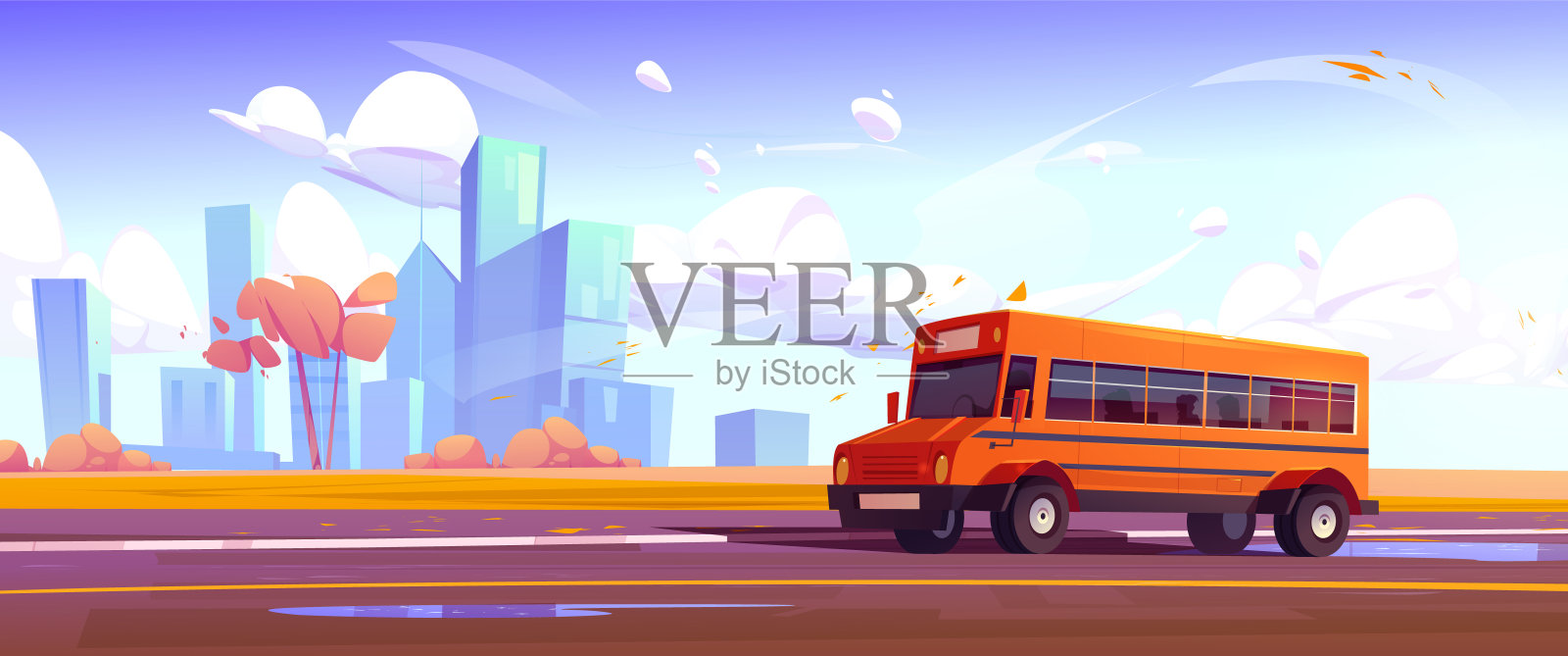 秋季城市街道上的校车插图插画图片素材
