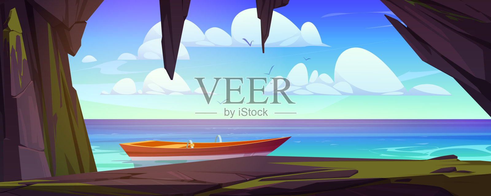 有洞穴和船的海景插画图片素材