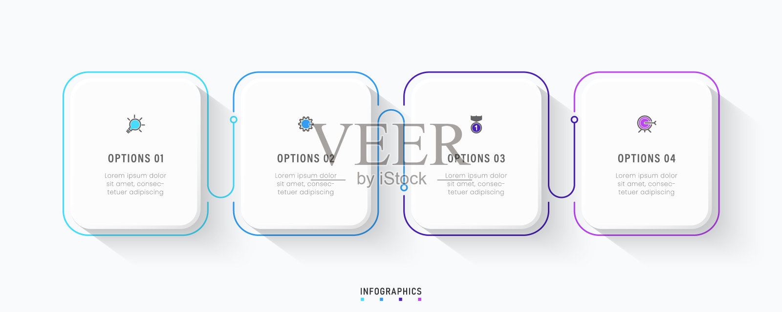 矢量信息图标签设计模板与图标和4个选项或步骤。可用于流程图，演示文稿，工作流程布局，横幅，流程图，信息图。插画图片素材