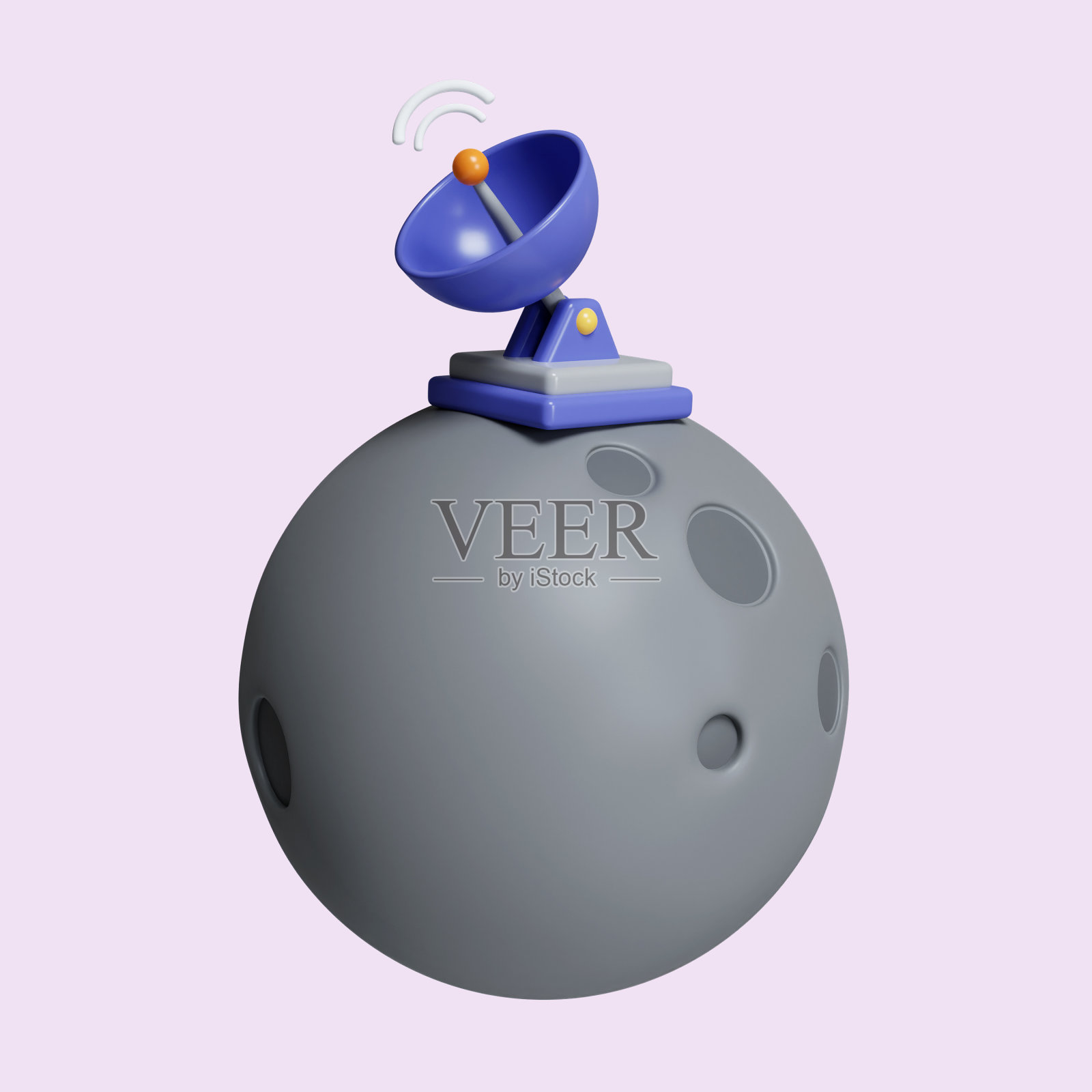 月球上的三维卫星天线。信号移动通信和直播的概念。图标孤立的紫色背景。3d渲染图。剪切路径。照片摄影图片