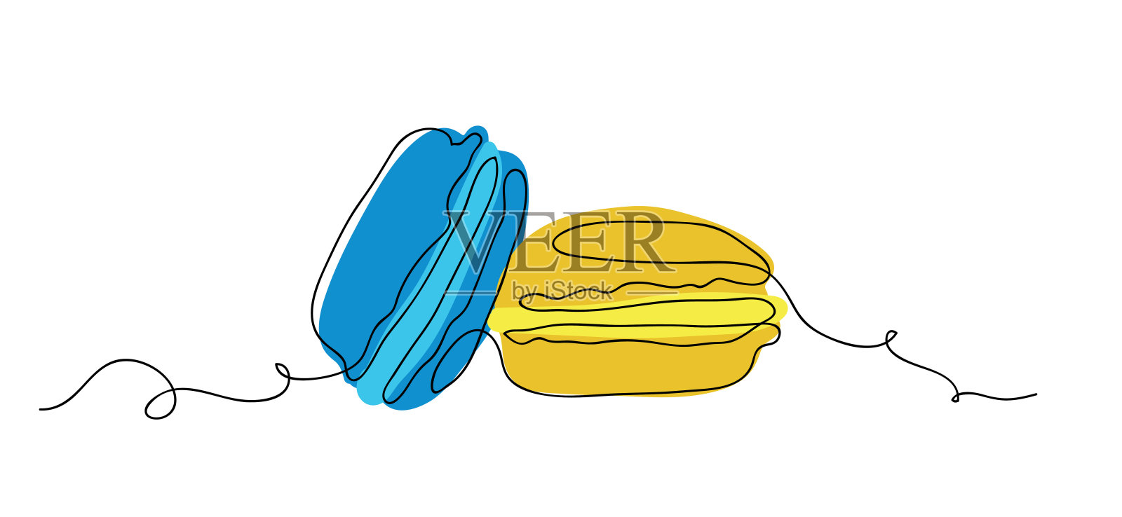 马卡龙饼干一个连续的线条艺术画矢量插图。黄色和蓝色马卡龙单线艺术插画图片素材