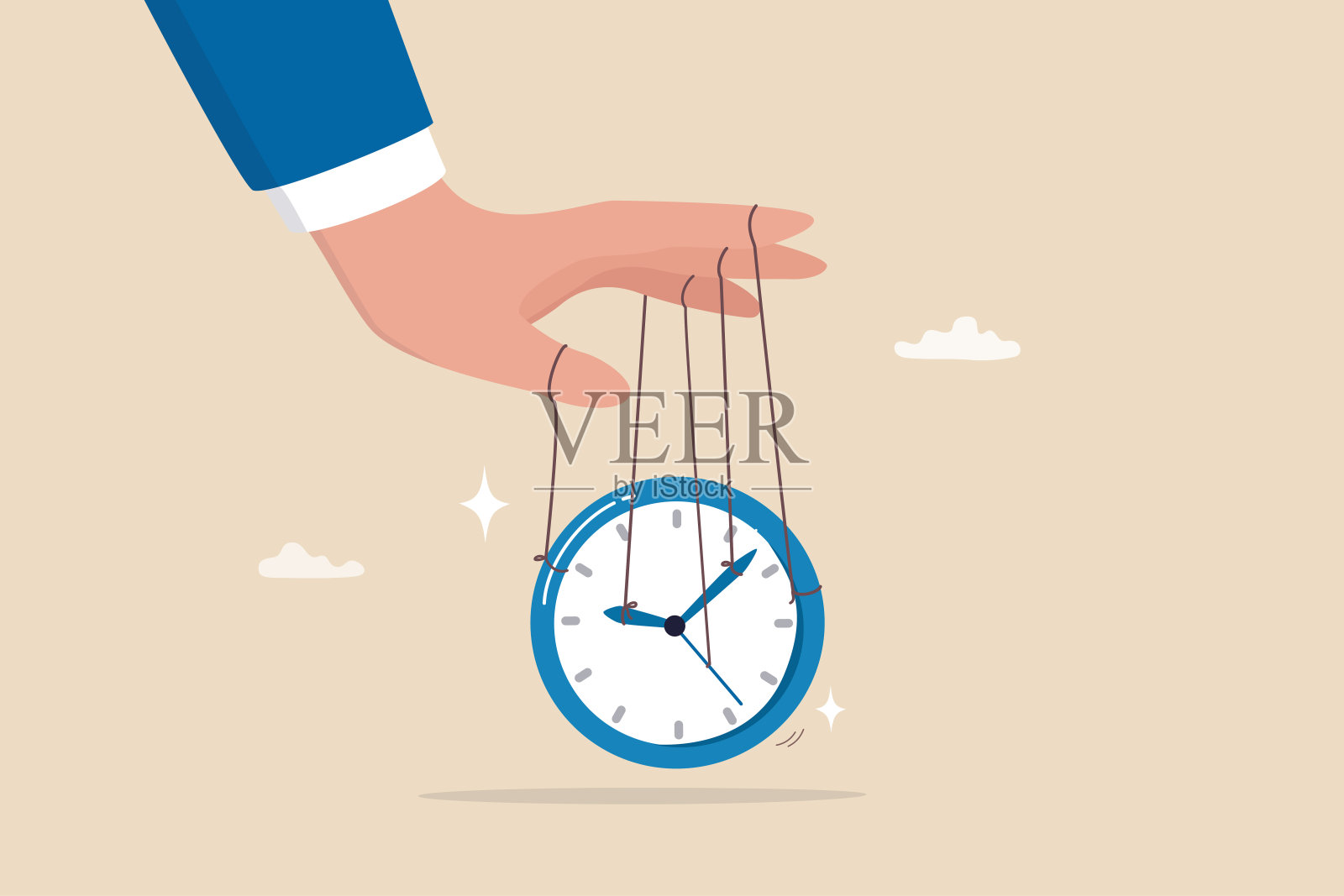 控制时间，自由或有效的时间管理，在期限内完成项目，生产力或效率，生产项目经理概念，商人用时钟木偶手动控制时间。插画图片素材