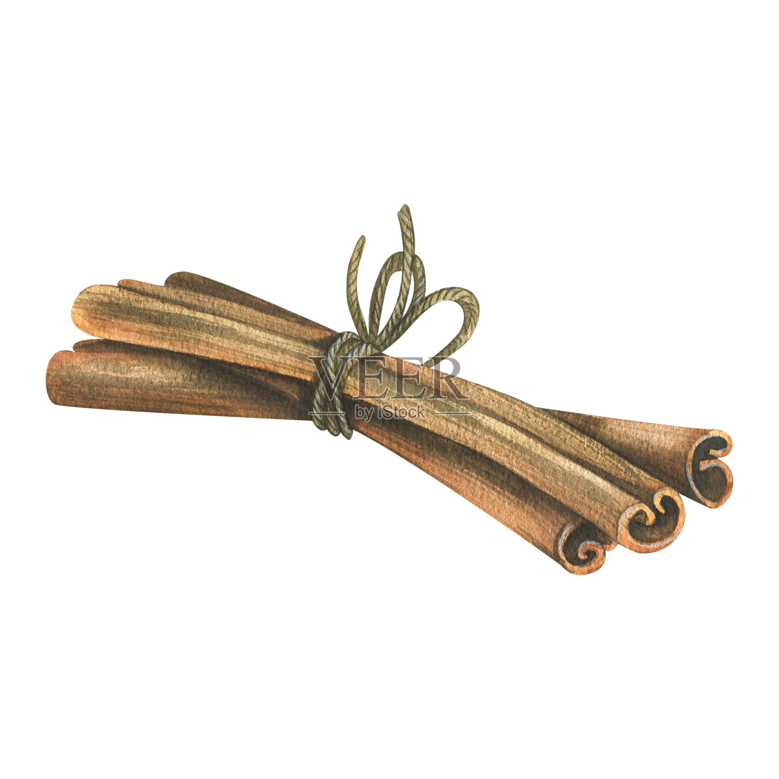 肉桂棒，用黄麻绳系着，用蝴蝶结扎着。水彩插图，手绘。白色背景上的孤立物体。插画图片素材